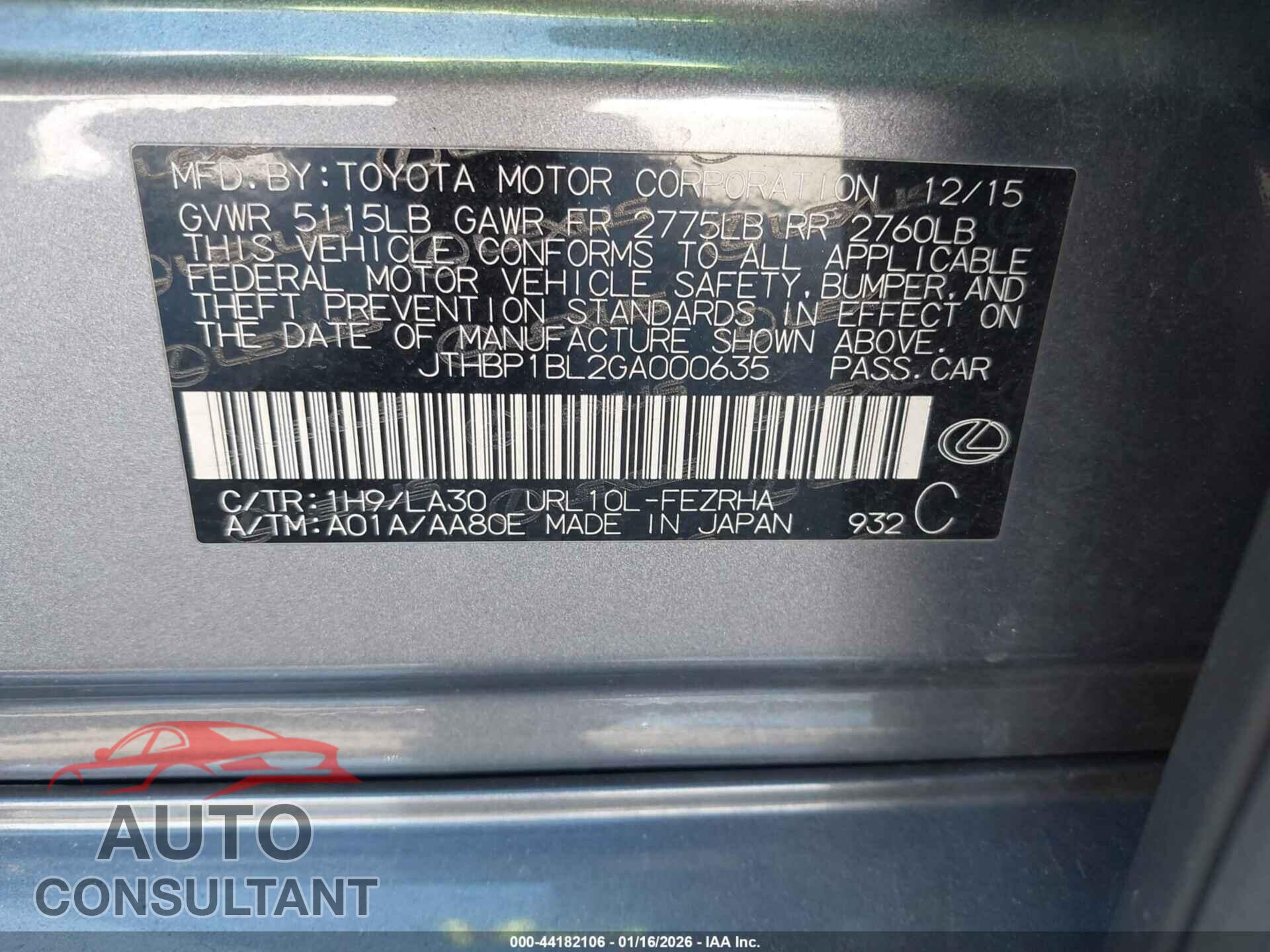LEXUS GS F 2016 - JTHBP1BL2GA000635
