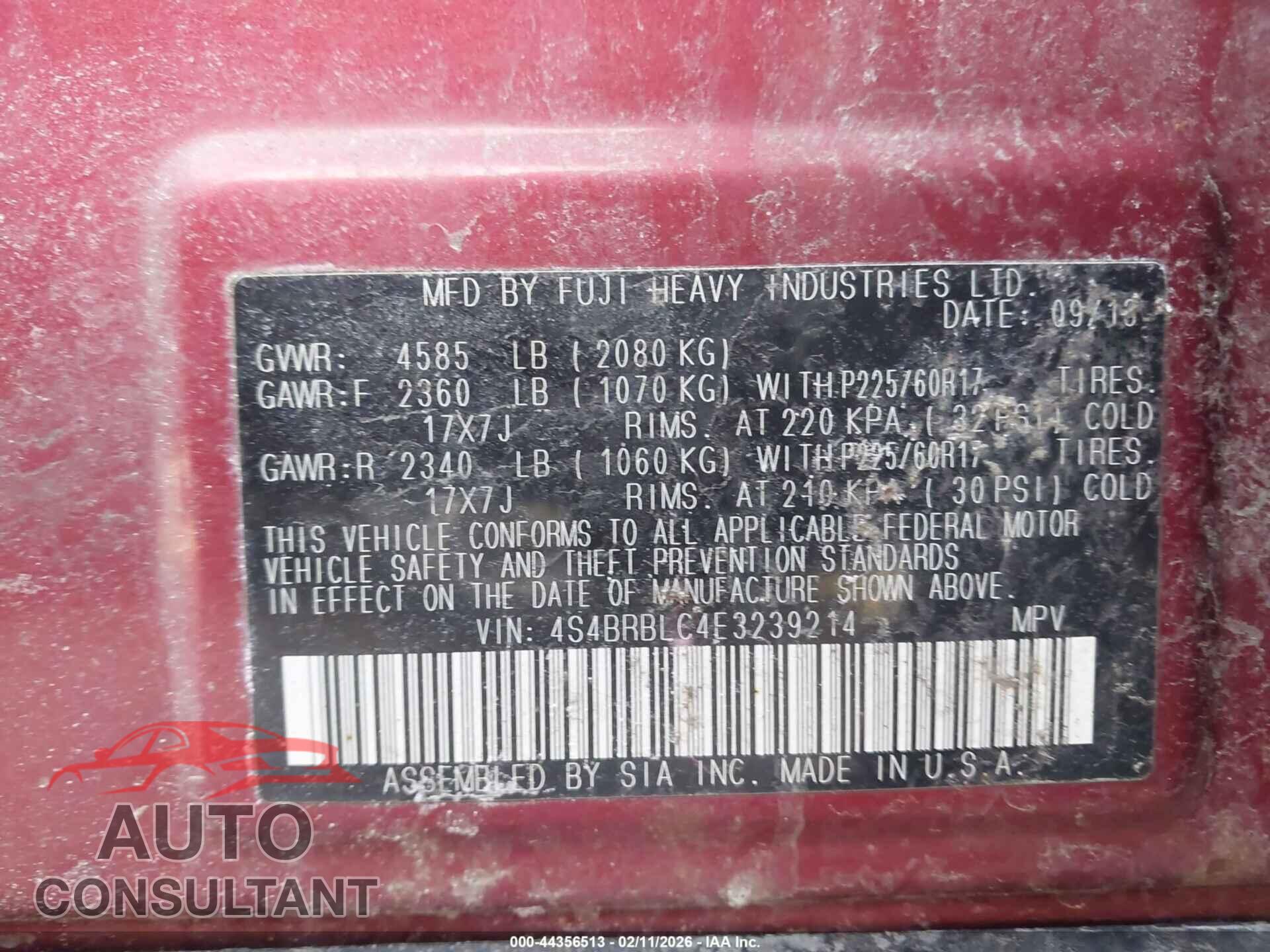 SUBARU OUTBACK 2014 - 4S4BRBLC4E3239214