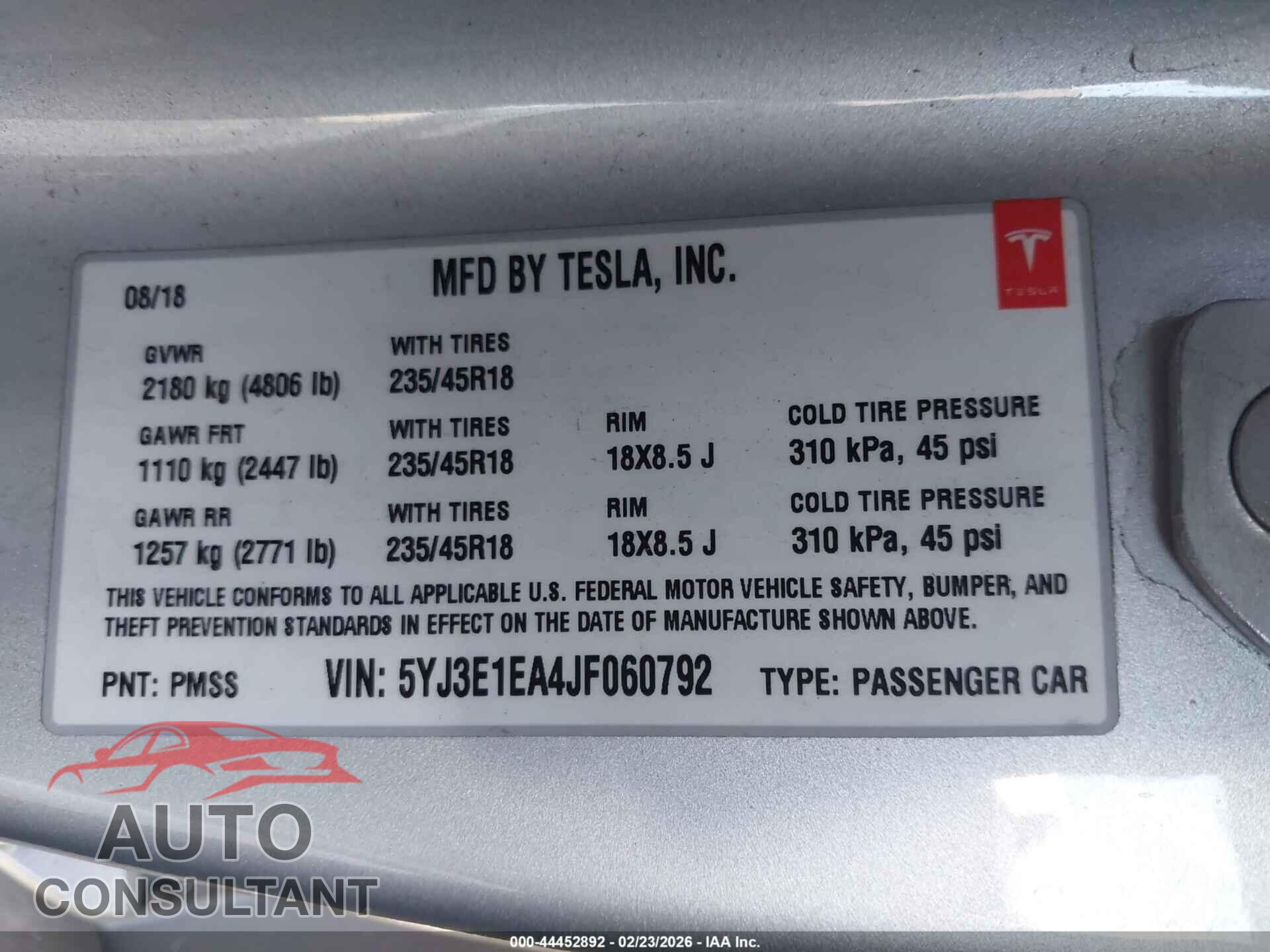 TESLA MODEL 3 2018 - 5YJ3E1EA4JF060792