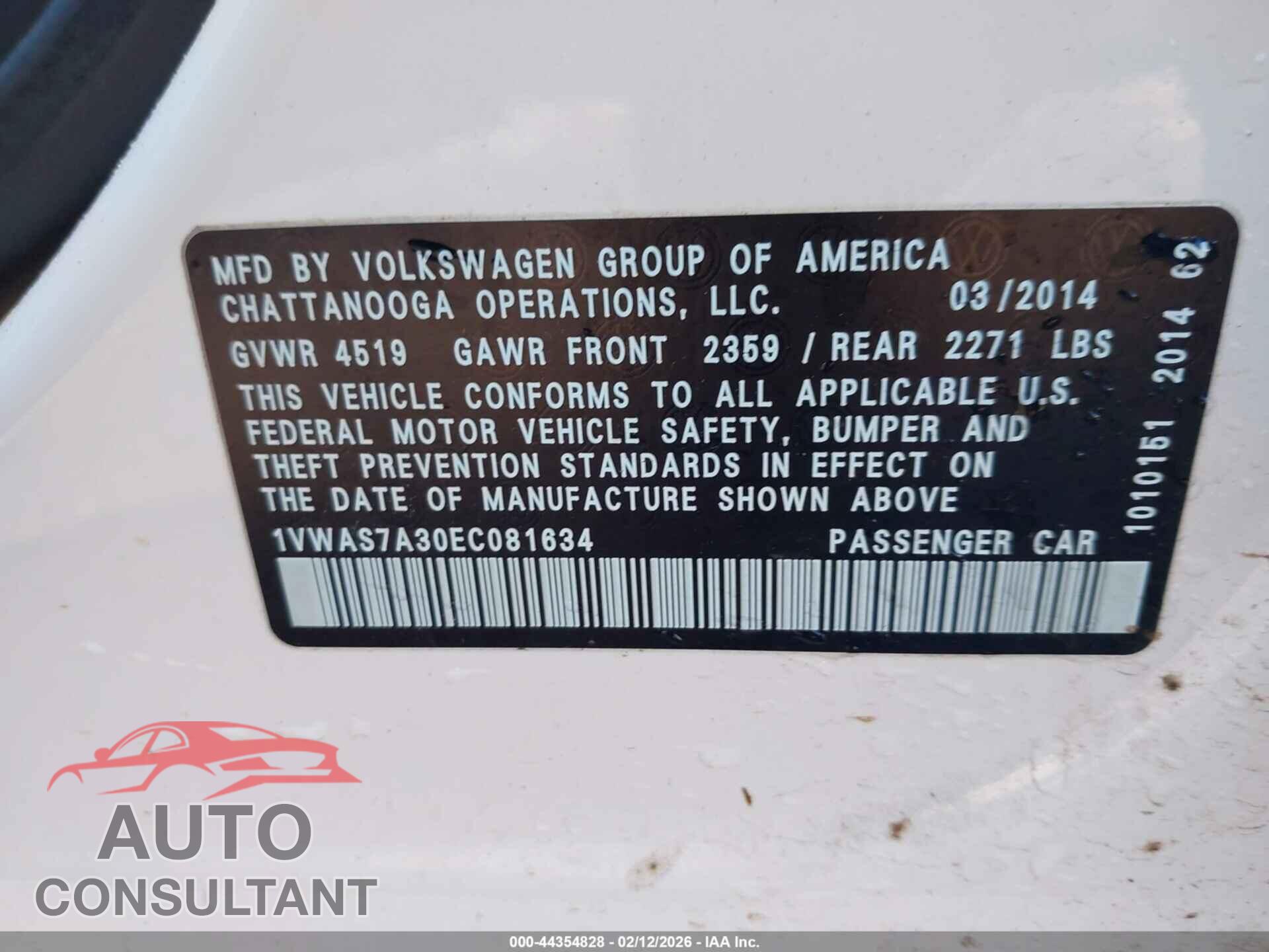 VOLKSWAGEN PASSAT 2014 - 1VWAS7A30EC081634