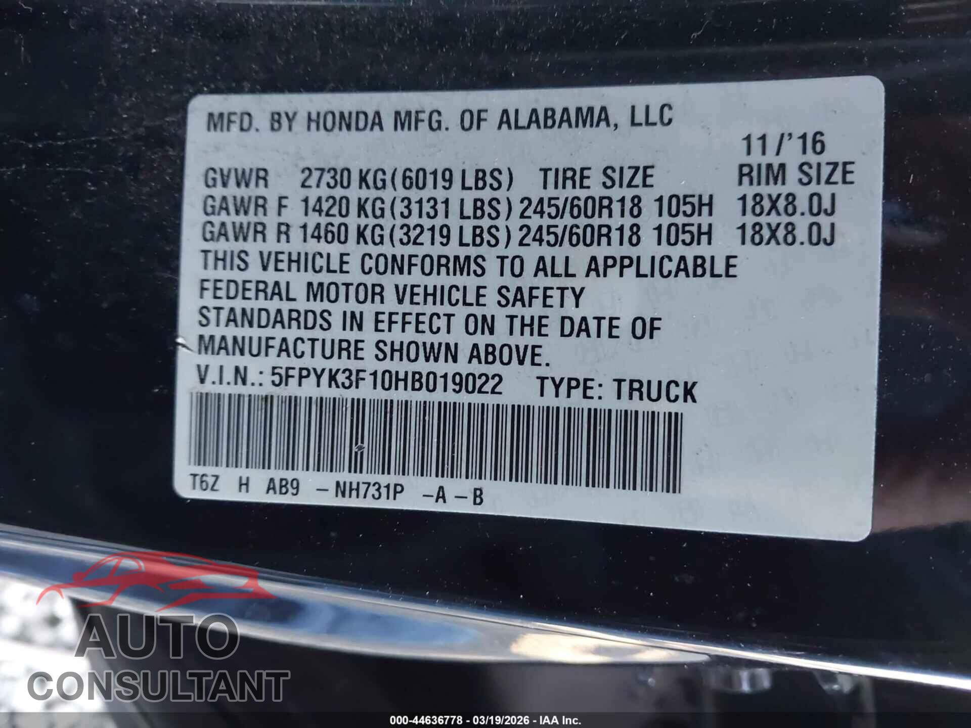 HONDA RIDGELINE 2017 - 5FPYK3F10HB019022