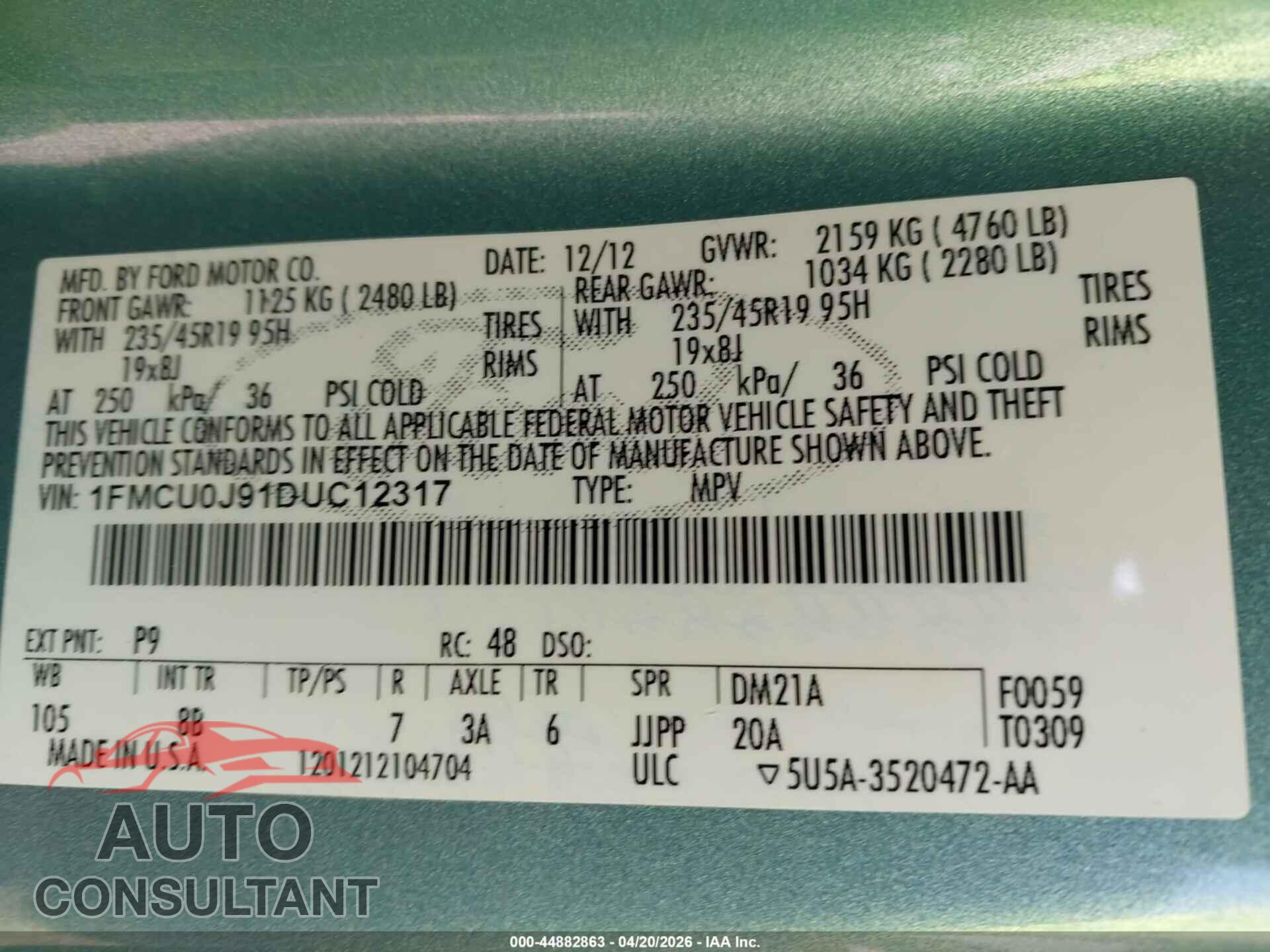 FORD ESCAPE 2013 - 1FMCU0J91DUC12317