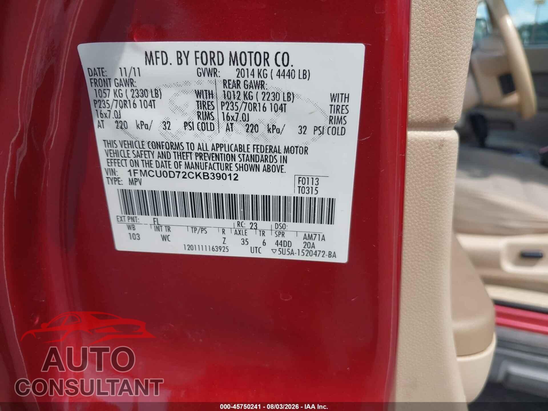 FORD ESCAPE 2012 - 1FMCU0D72CKB39012