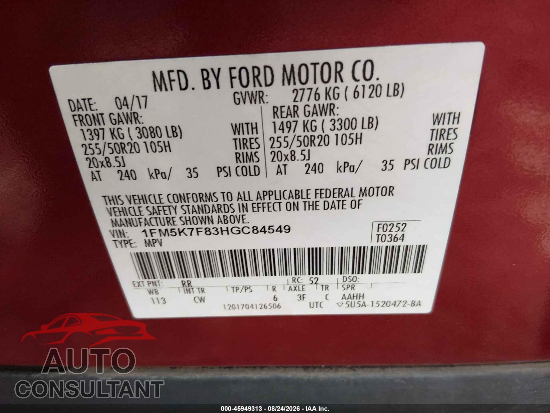 FORD EXPLORER 2017 - 1FM5K7F83HGC84549