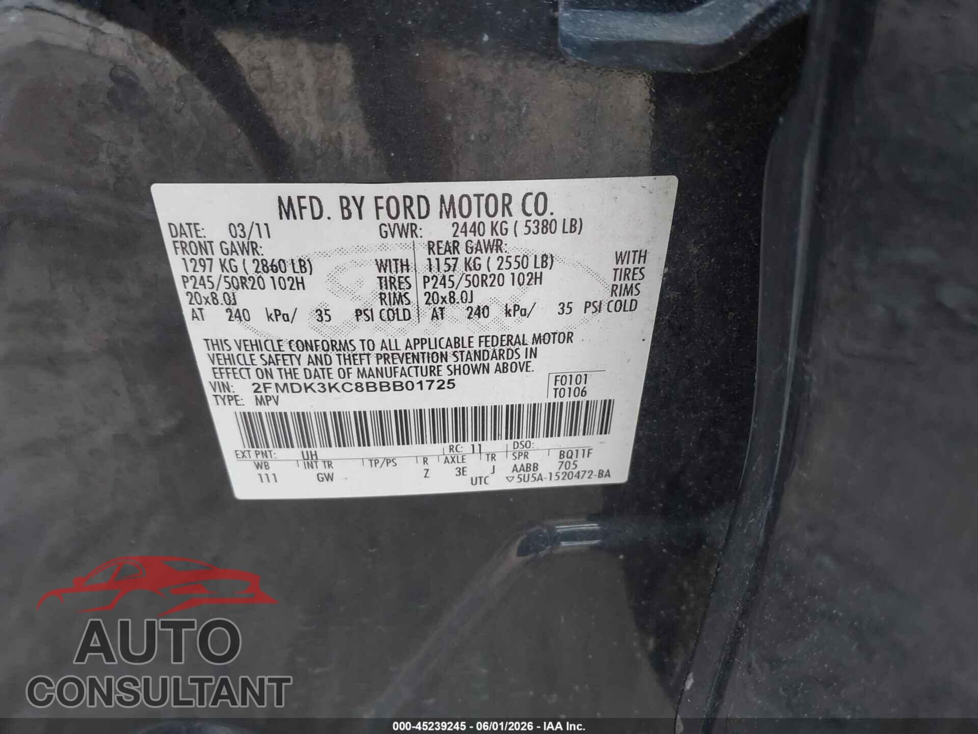 FORD EDGE 2011 - 2FMDK3KC8BBB01725