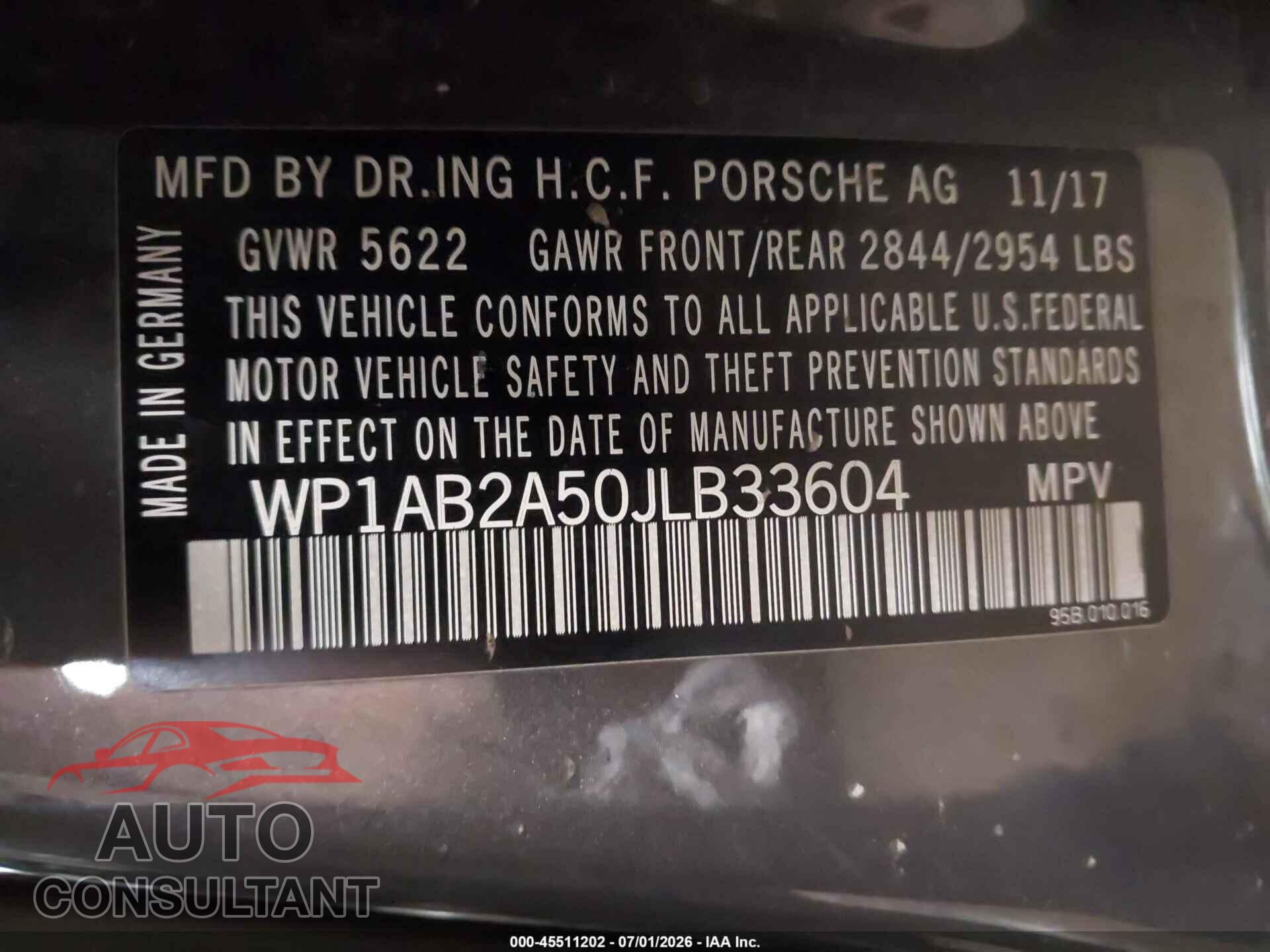 PORSCHE MACAN 2018 - WP1AB2A50JLB33604