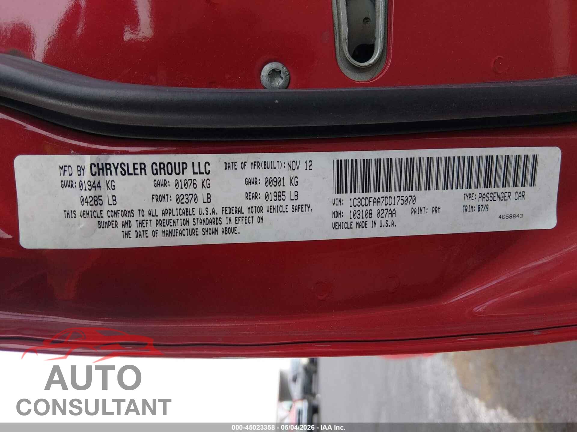 DODGE DART 2013 - 1C3CDFAA7DD175070