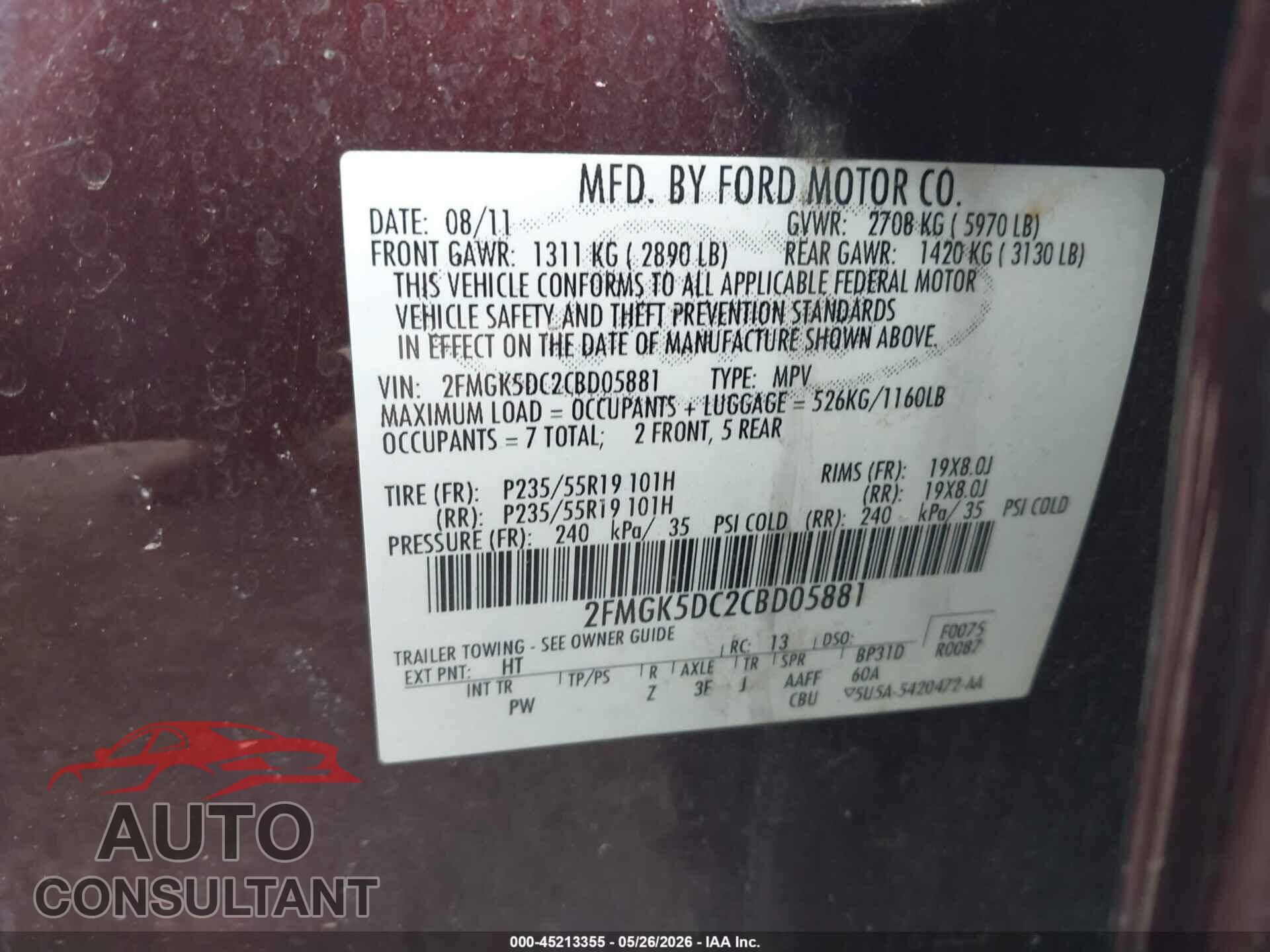 FORD FLEX 2012 - 2FMGK5DC2CBD05881