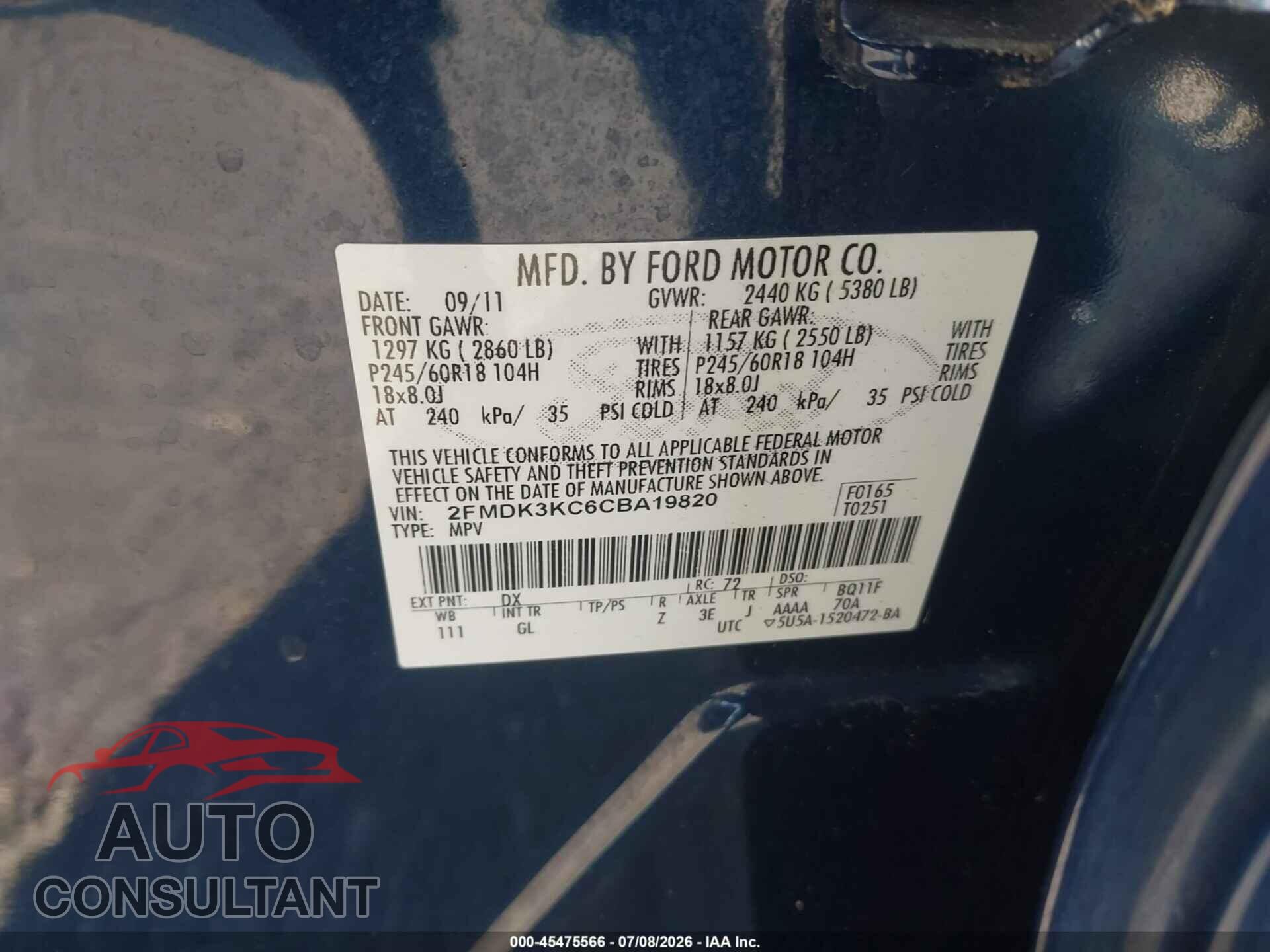 FORD EDGE 2012 - 2FMDK3KC6CBA19820