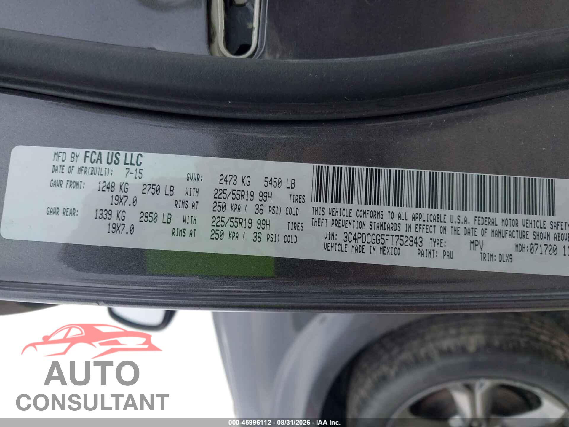 DODGE JOURNEY 2015 - 3C4PDCGG5FT752943