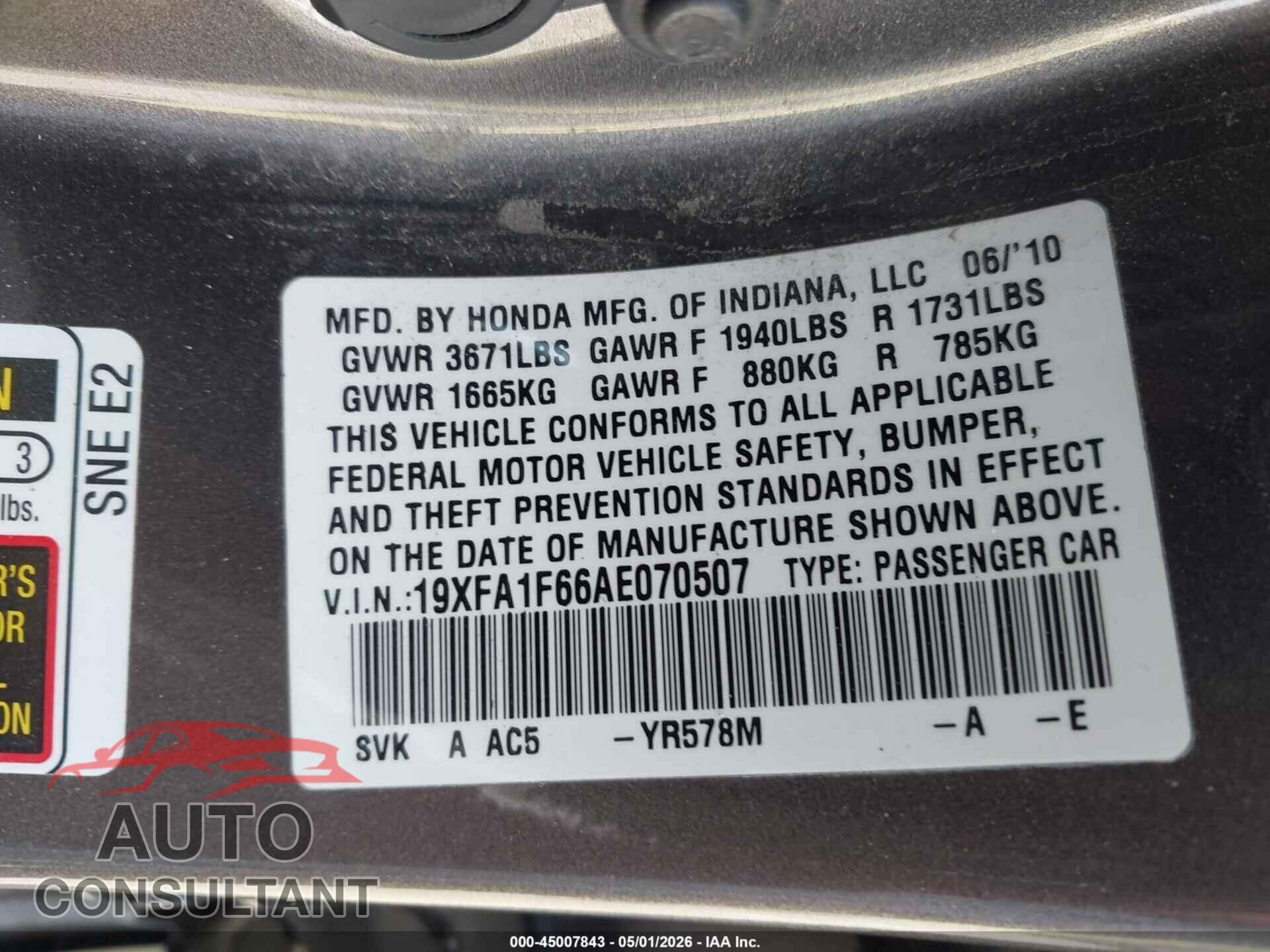 HONDA CIVIC 2010 - 19XFA1F66AE070507