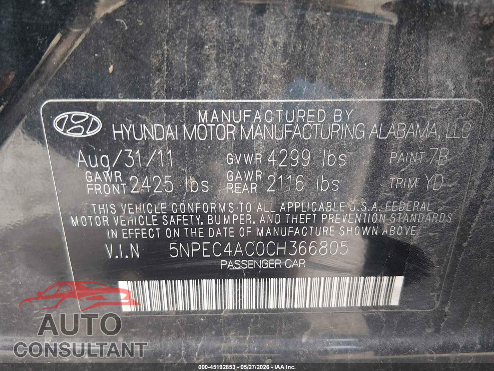 HYUNDAI SONATA 2012 - 5NPEC4AC0CH366805