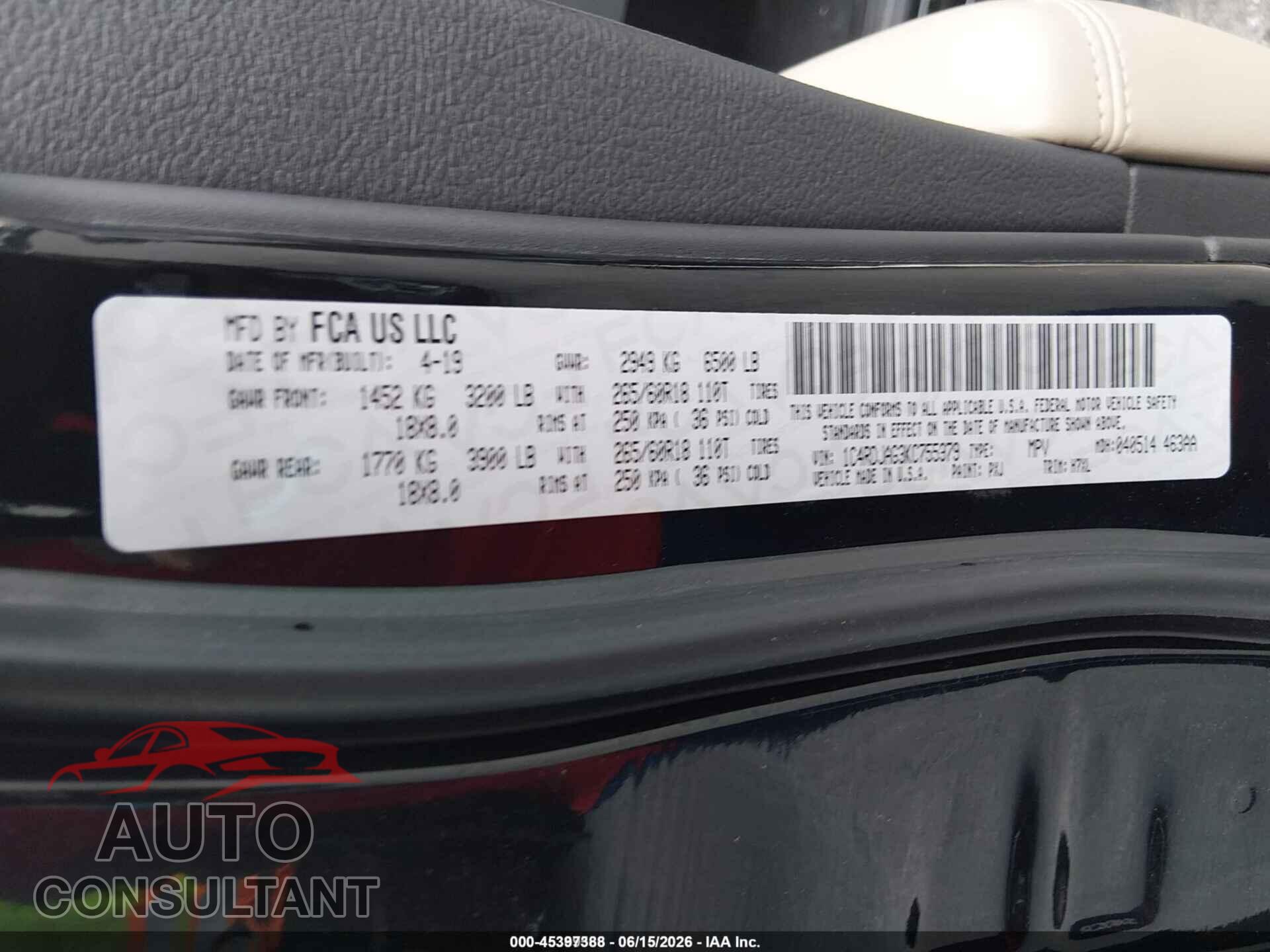 DODGE DURANGO 2019 - 1C4RDJAG3KC755979