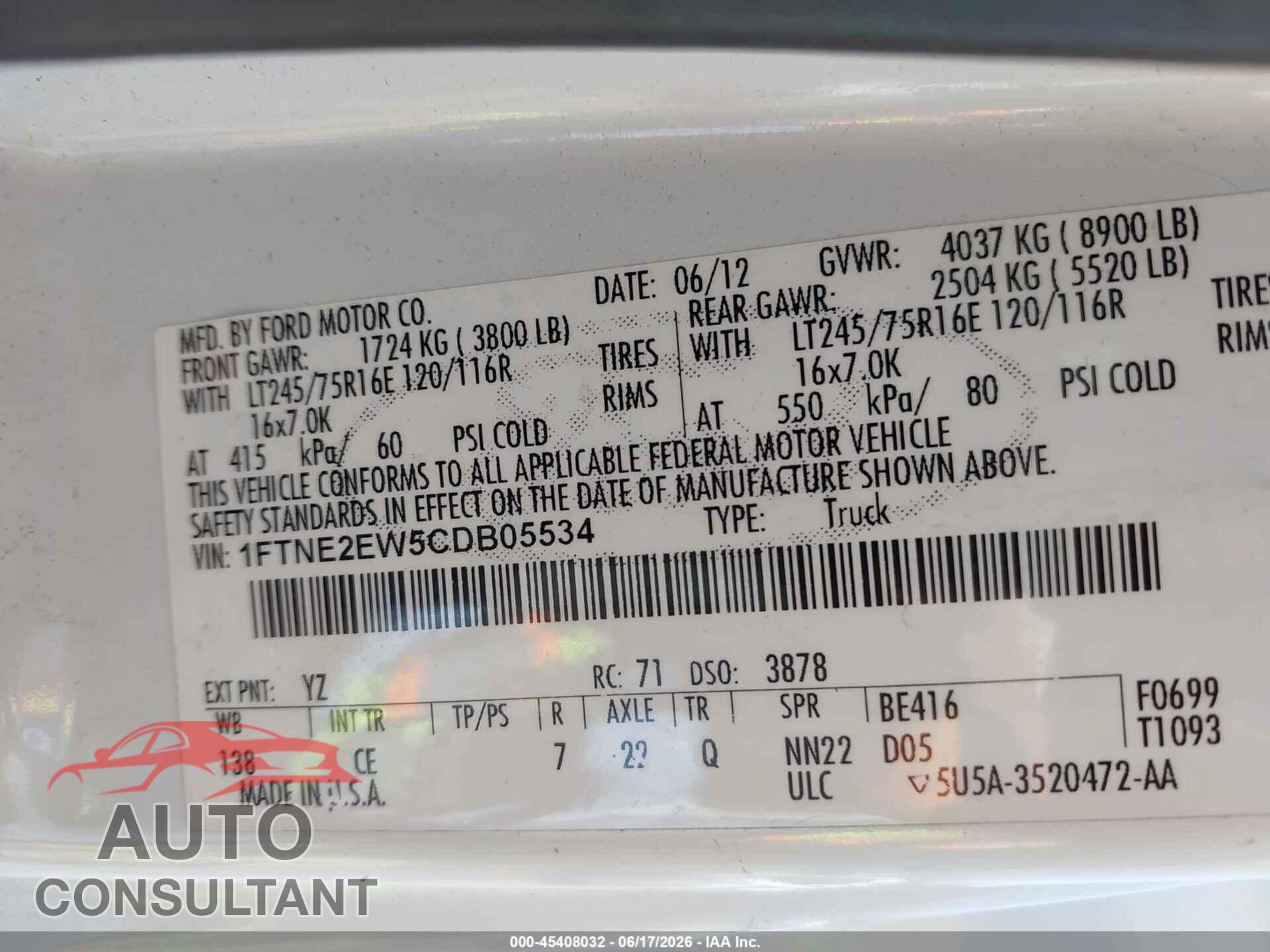 FORD E-250 2012 - 1FTNE2EW5CDB05534