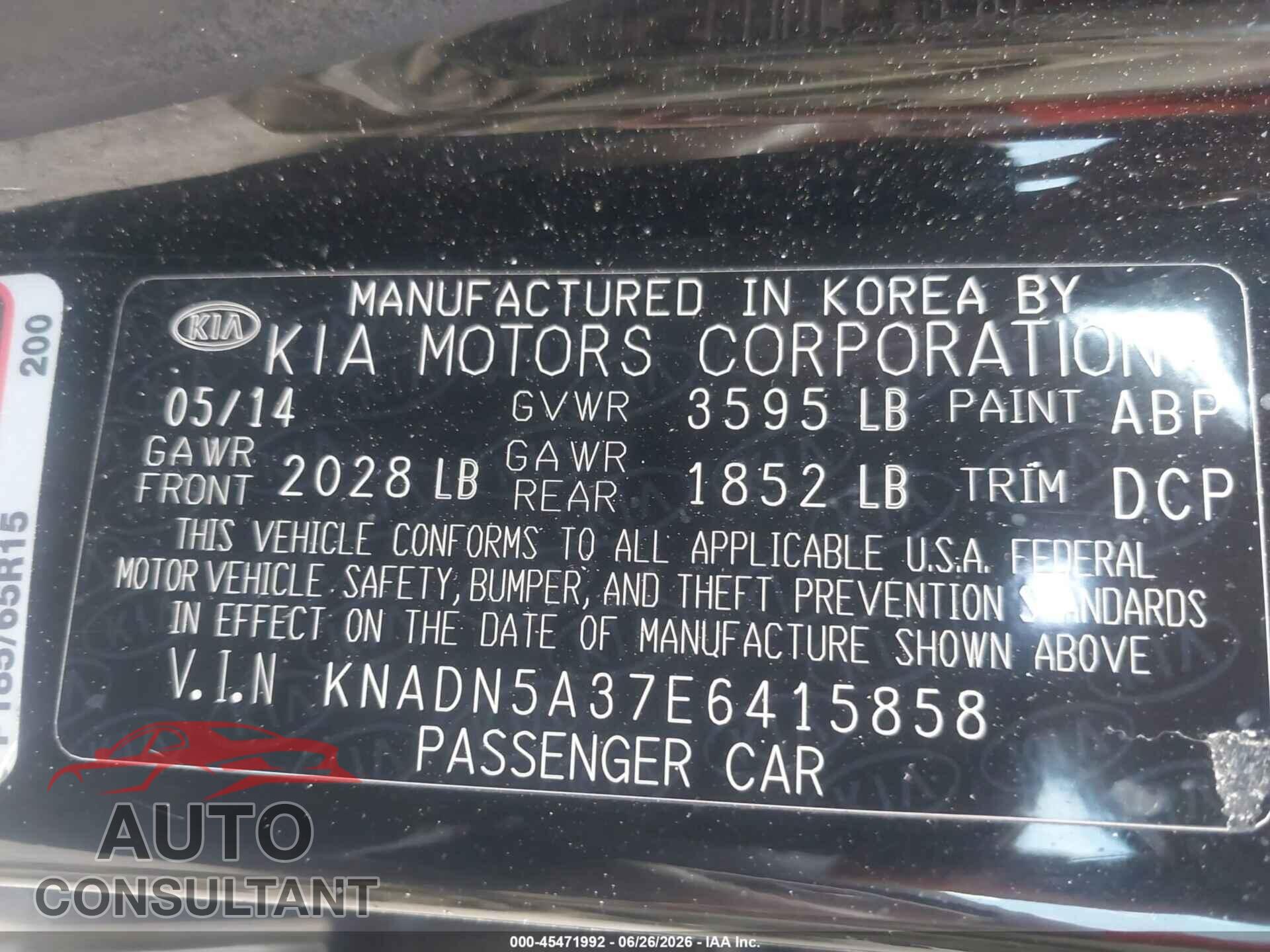 KIA RIO 2014 - KNADN5A37E6415858