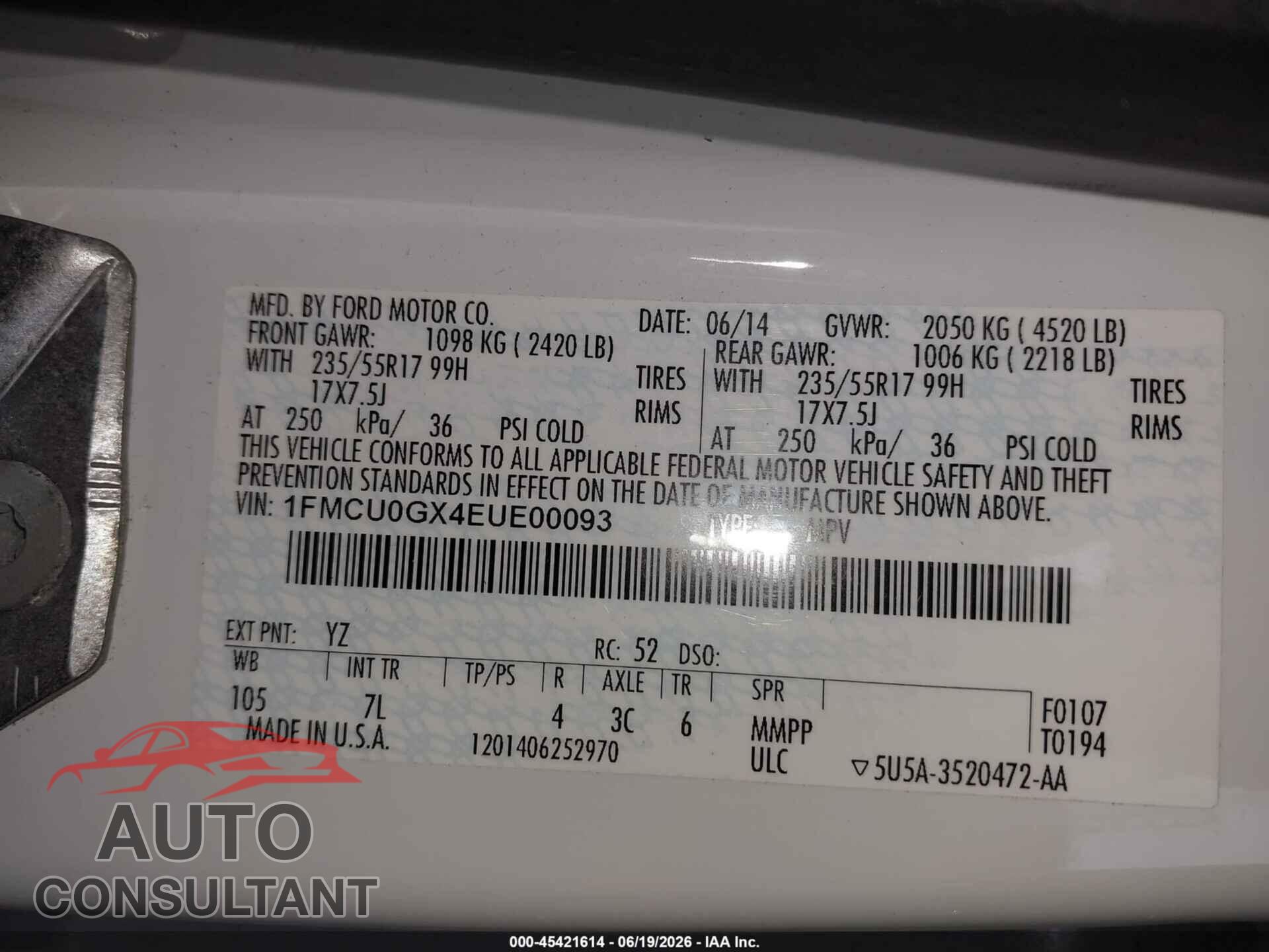 FORD ESCAPE 2014 - 1FMCU0GX4EUE00093