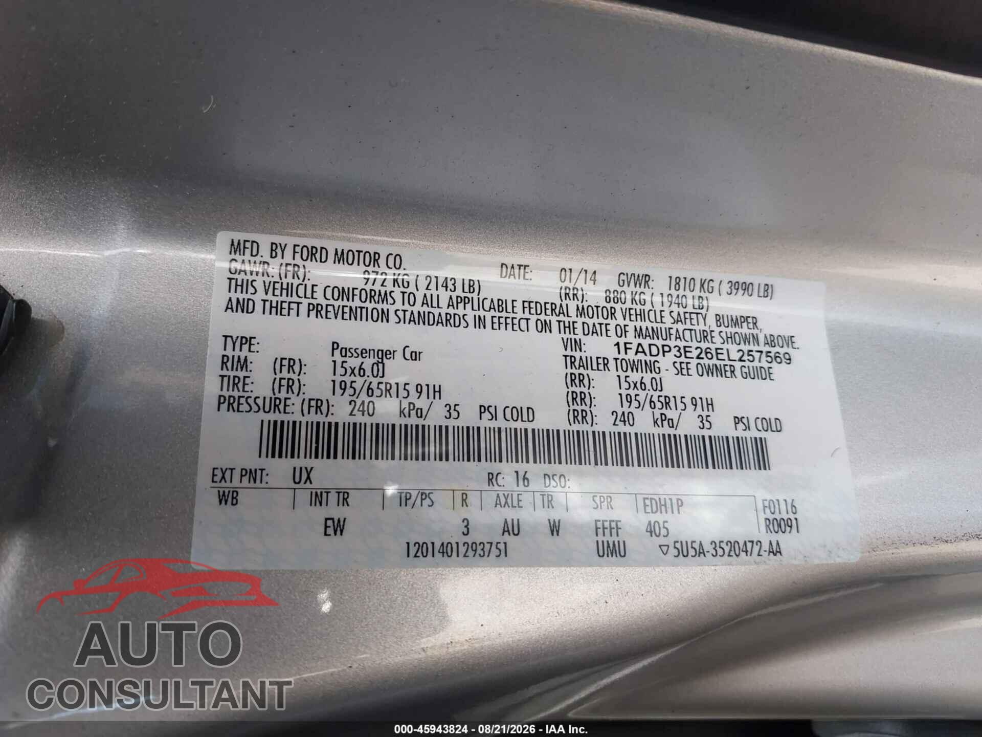 FORD FOCUS 2014 - 1FADP3E26EL257569