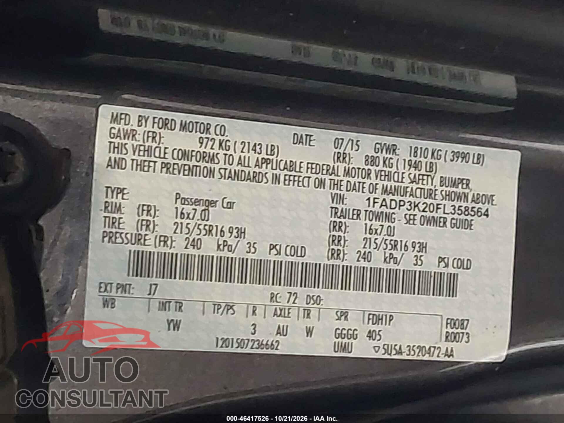 FORD FOCUS 2015 - 1FADP3K20FL358564