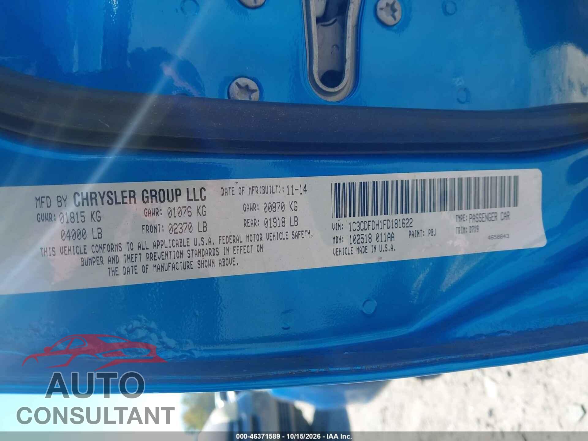 DODGE DART 2015 - 1C3CDFDH1FD181622