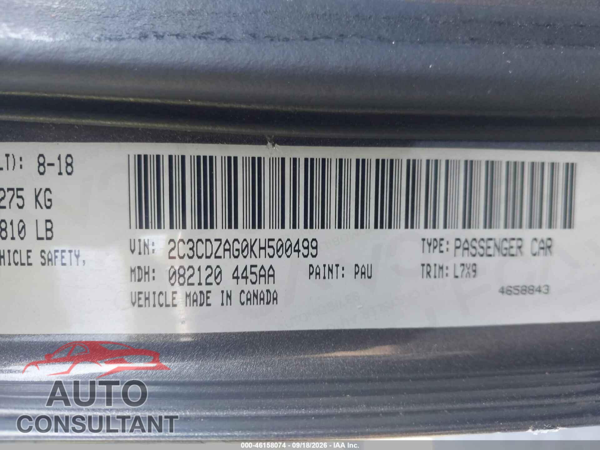 DODGE CHALLENGER 2019 - 2C3CDZAG0KH500499