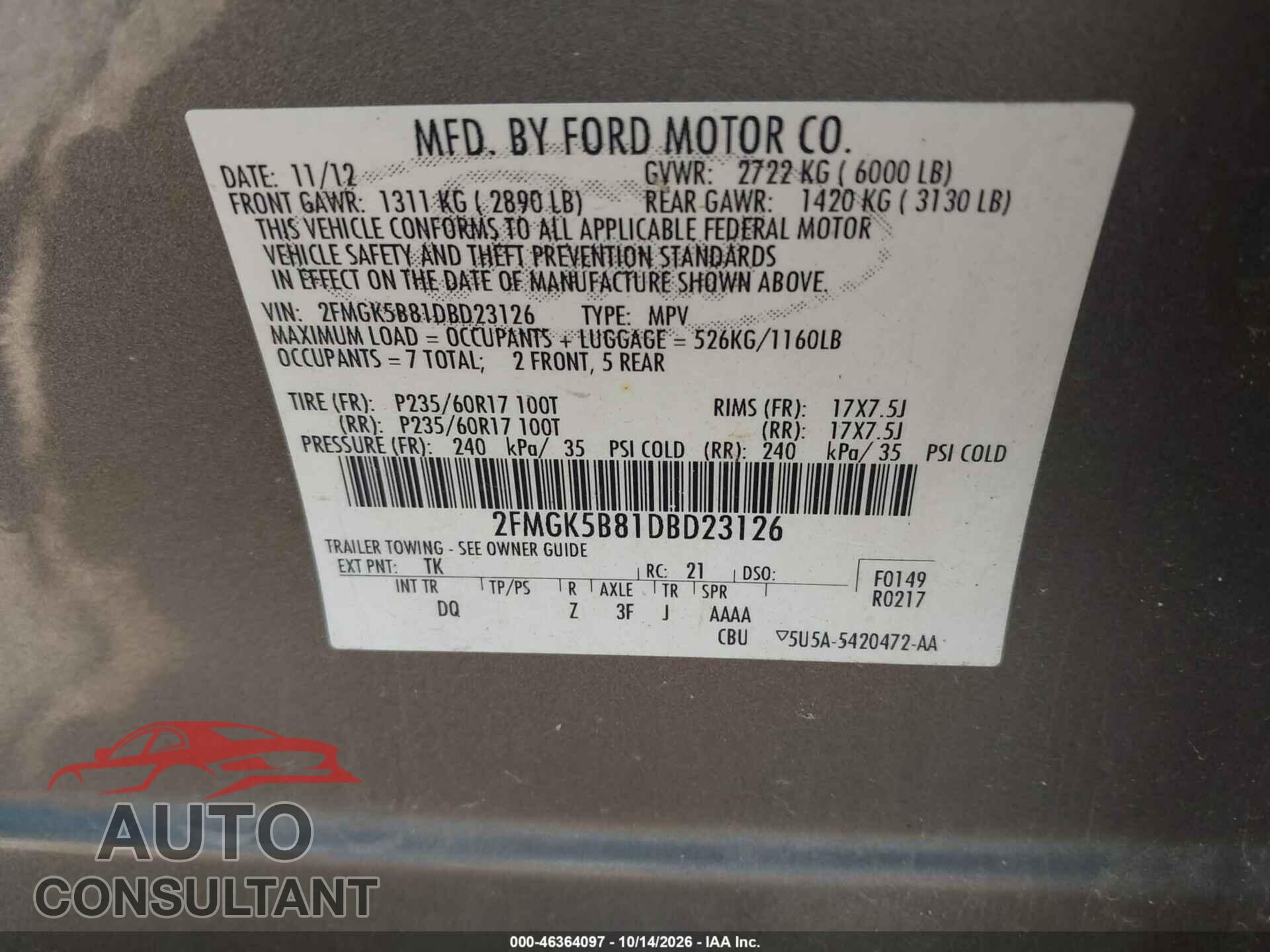 FORD FLEX 2013 - 2FMGK5B81DBD23126