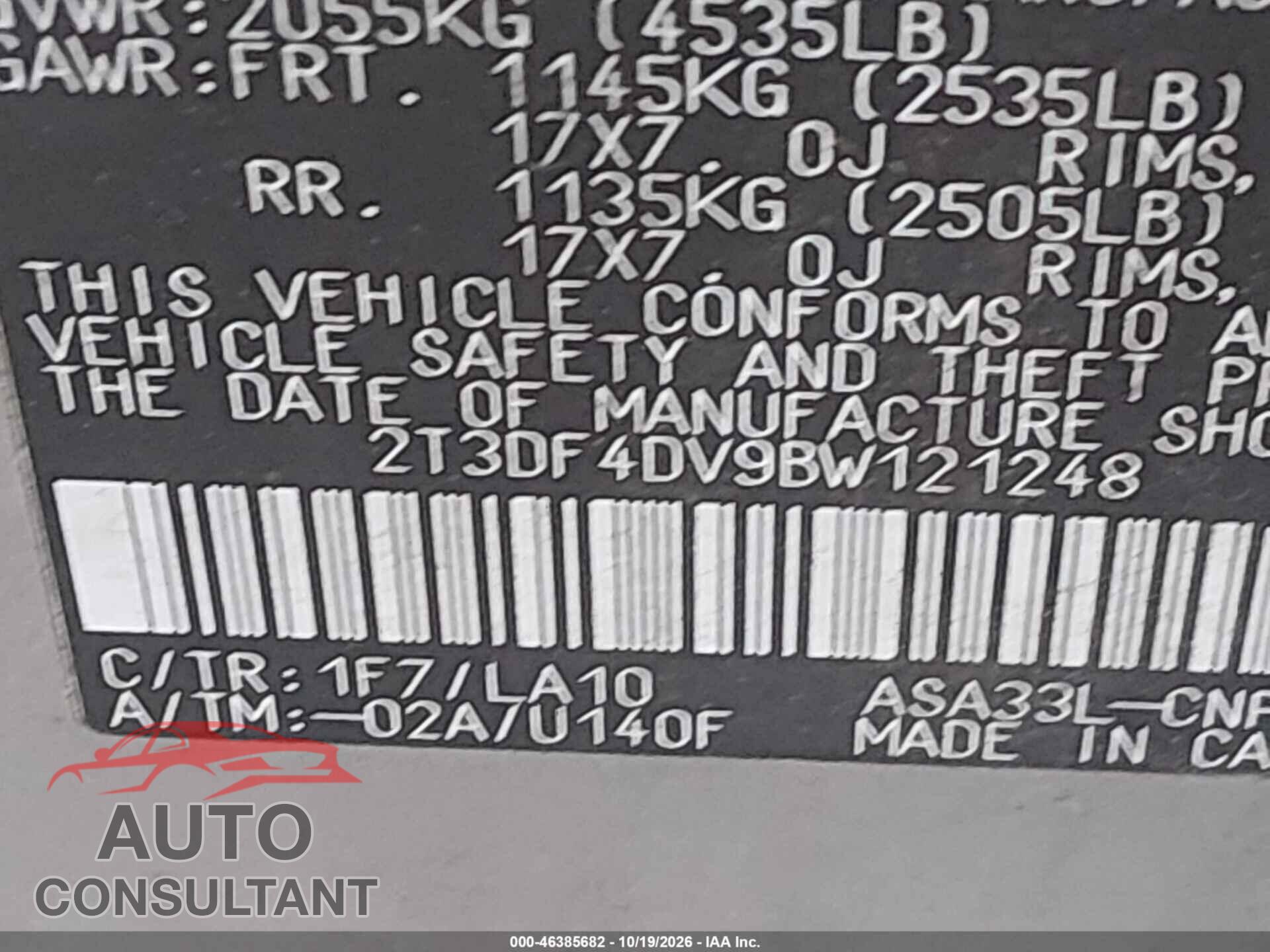 TOYOTA RAV4 2011 - 2T3DF4DV9BW121248