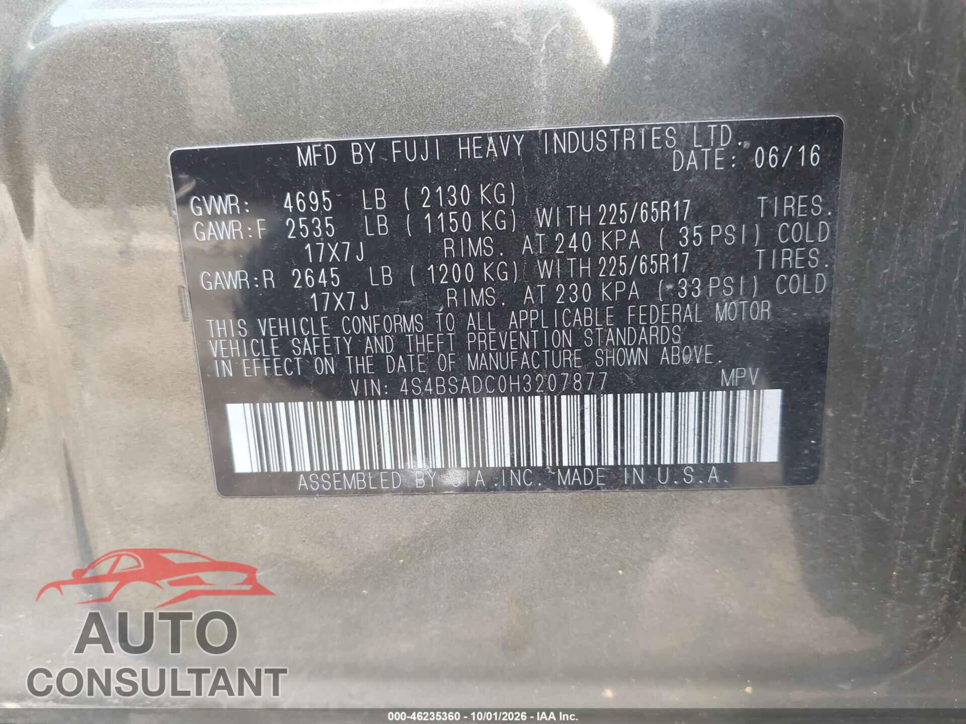 SUBARU OUTBACK 2017 - 4S4BSADC0H3207877