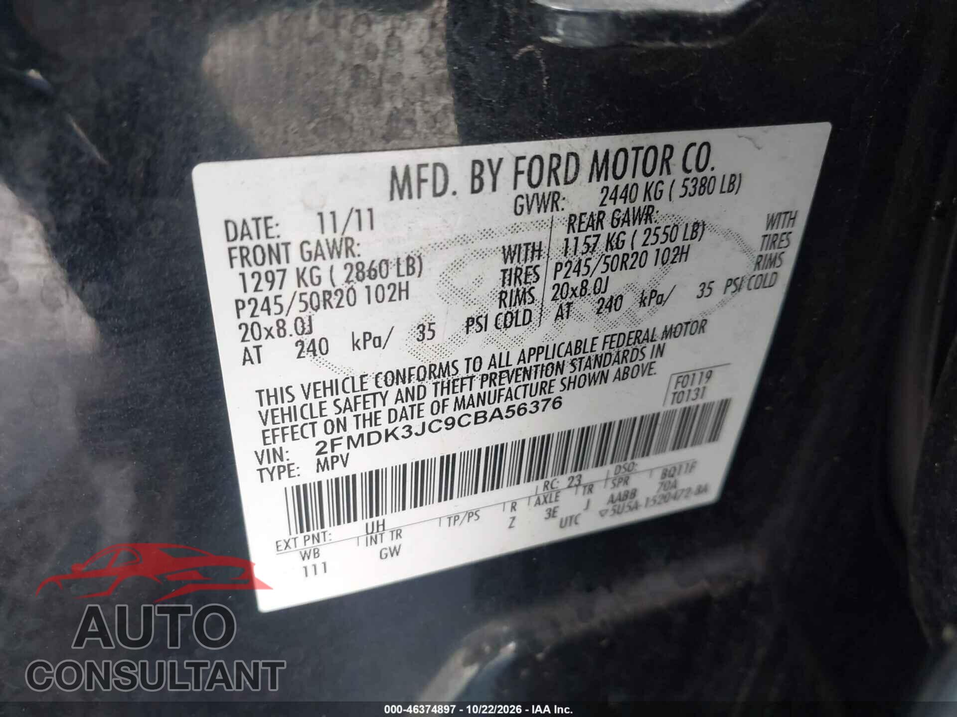 FORD EDGE 2012 - 2FMDK3JC9CBA56376