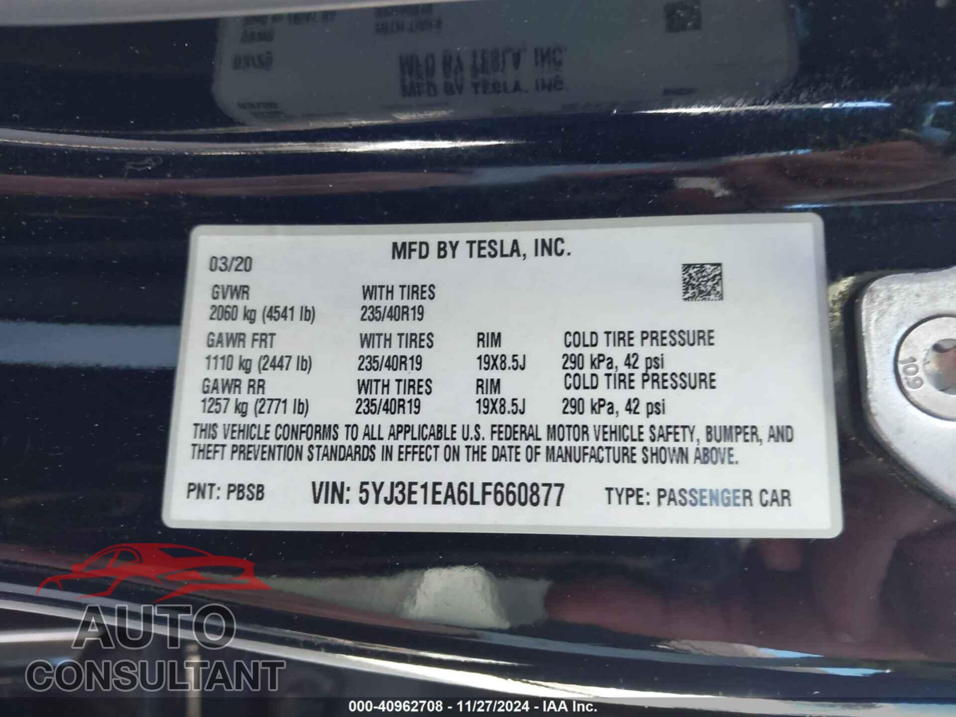 TESLA MODEL 3 2020 - 5YJ3E1EA6LF660877