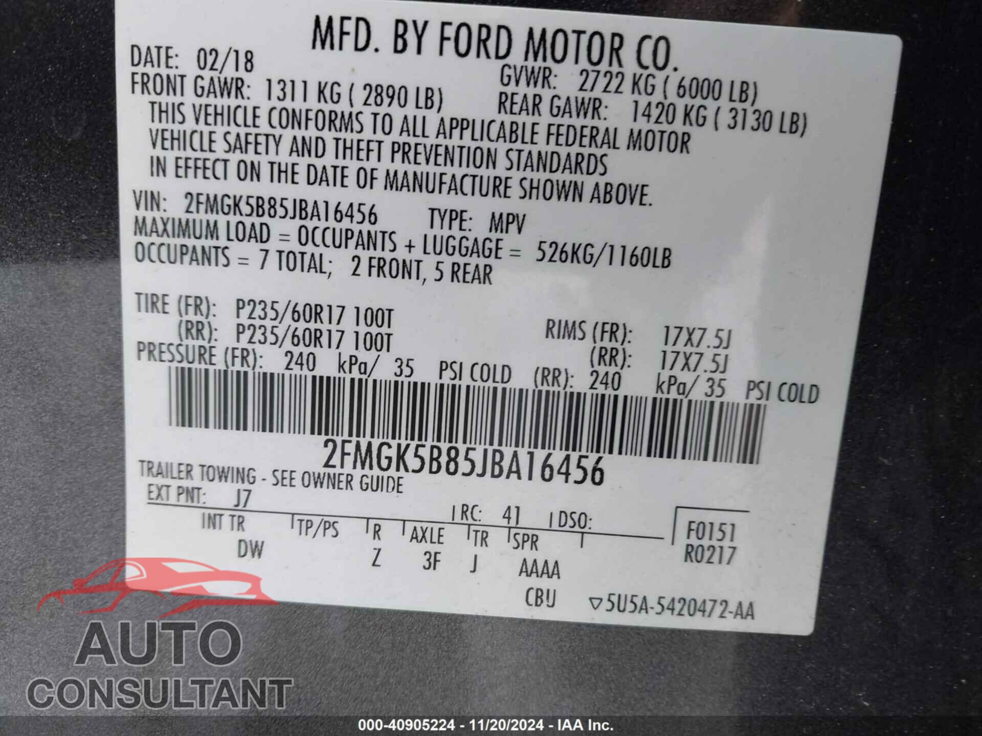 FORD FLEX 2018 - 2FMGK5B85JBA16456