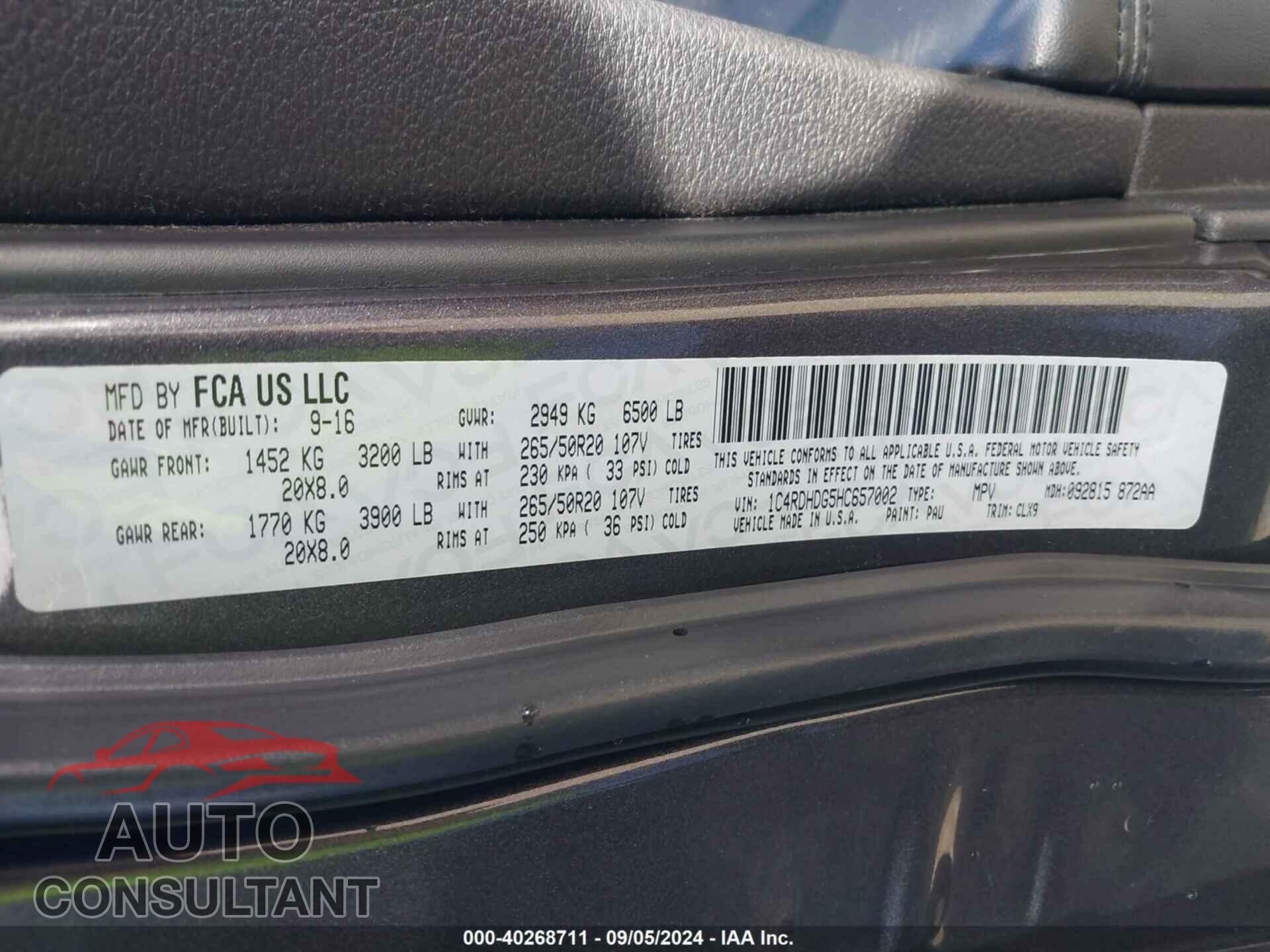 DODGE DURANGO 2017 - 1C4RDHDG5HC657002