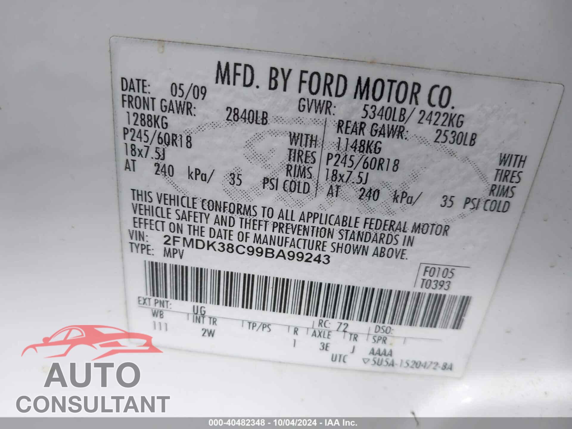 FORD EDGE 2009 - 2FMDK38C99BA99243