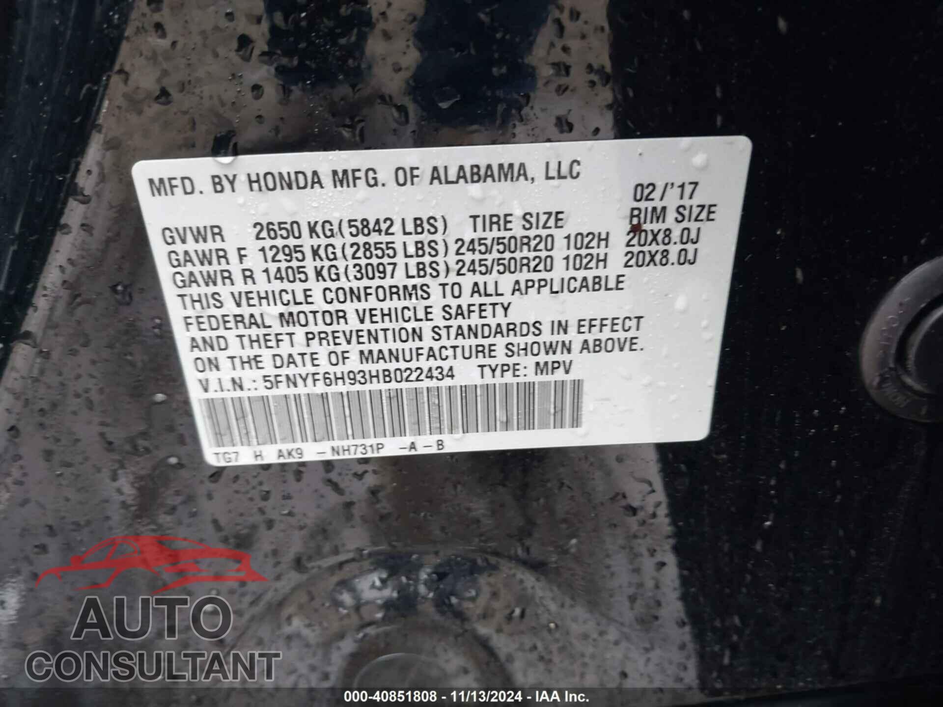 HONDA PILOT 2017 - 5FNYF6H93HB022434