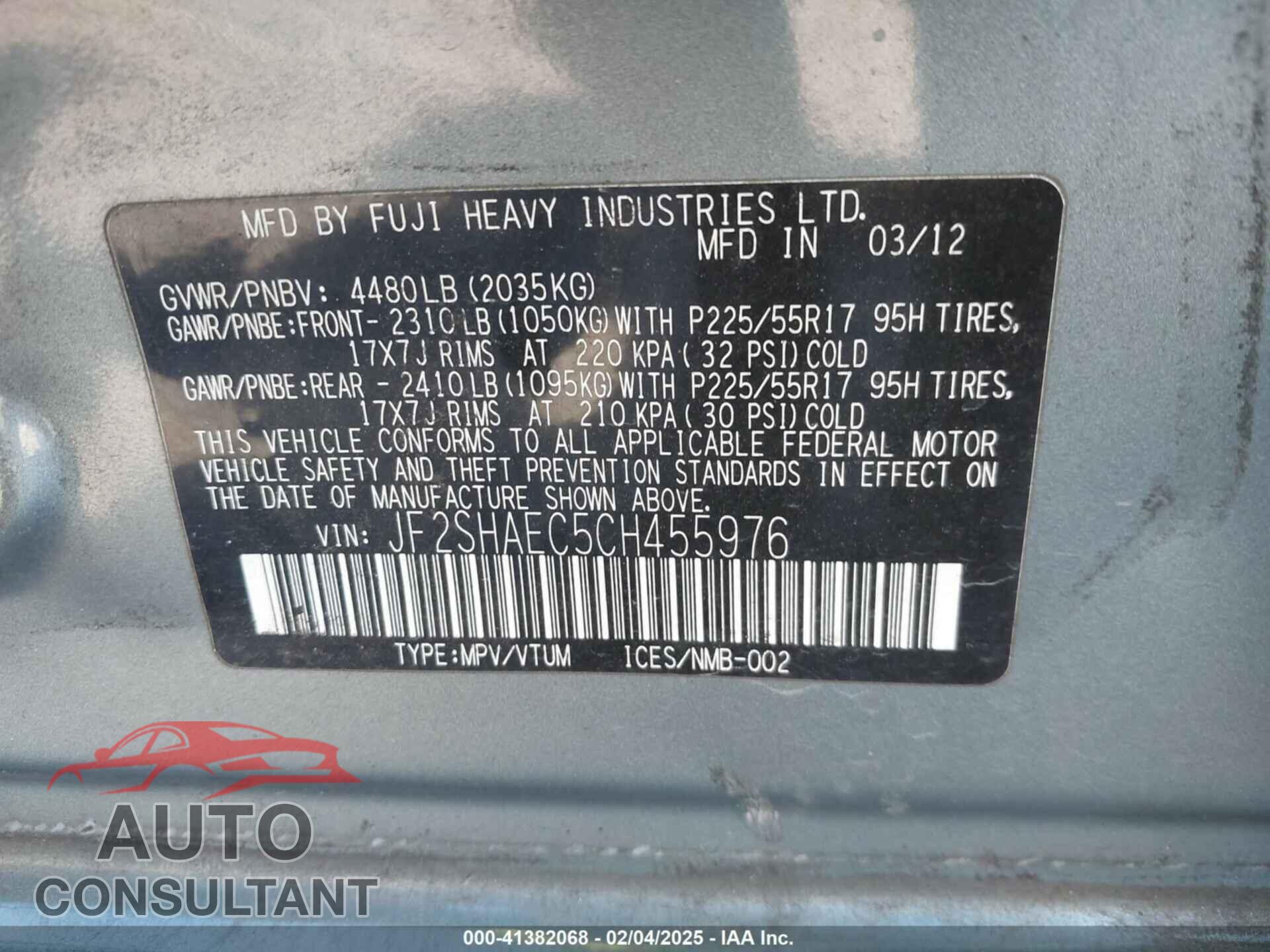 SUBARU FORESTER 2012 - JF2SHAEC5CH455976