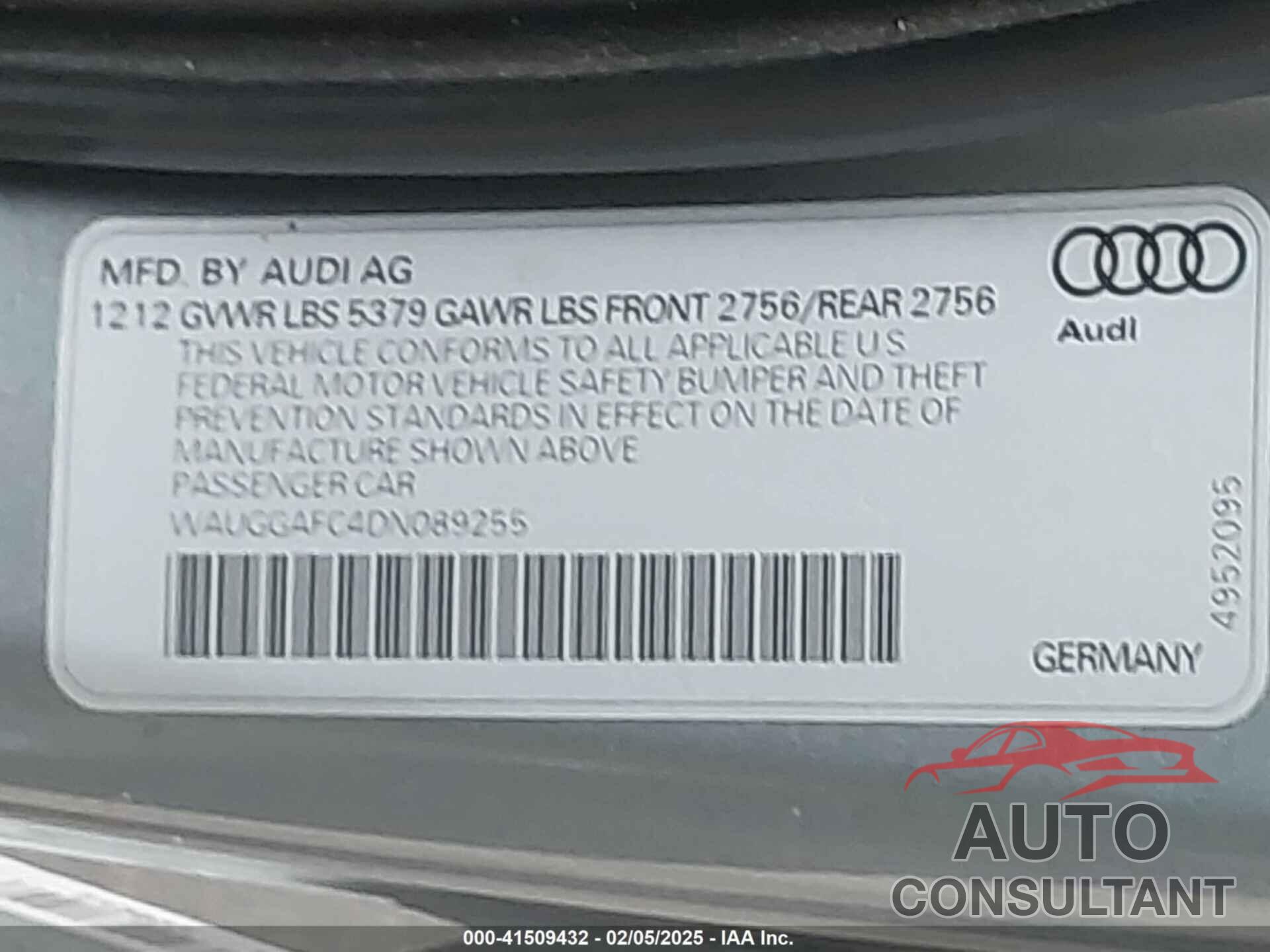 AUDI A6 2013 - WAUGGAFC4DN089255