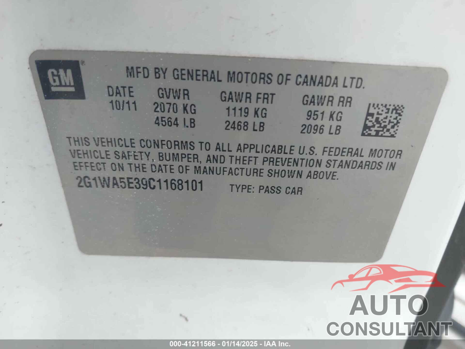 CHEVROLET IMPALA 2012 - 2G1WA5E39C1168101