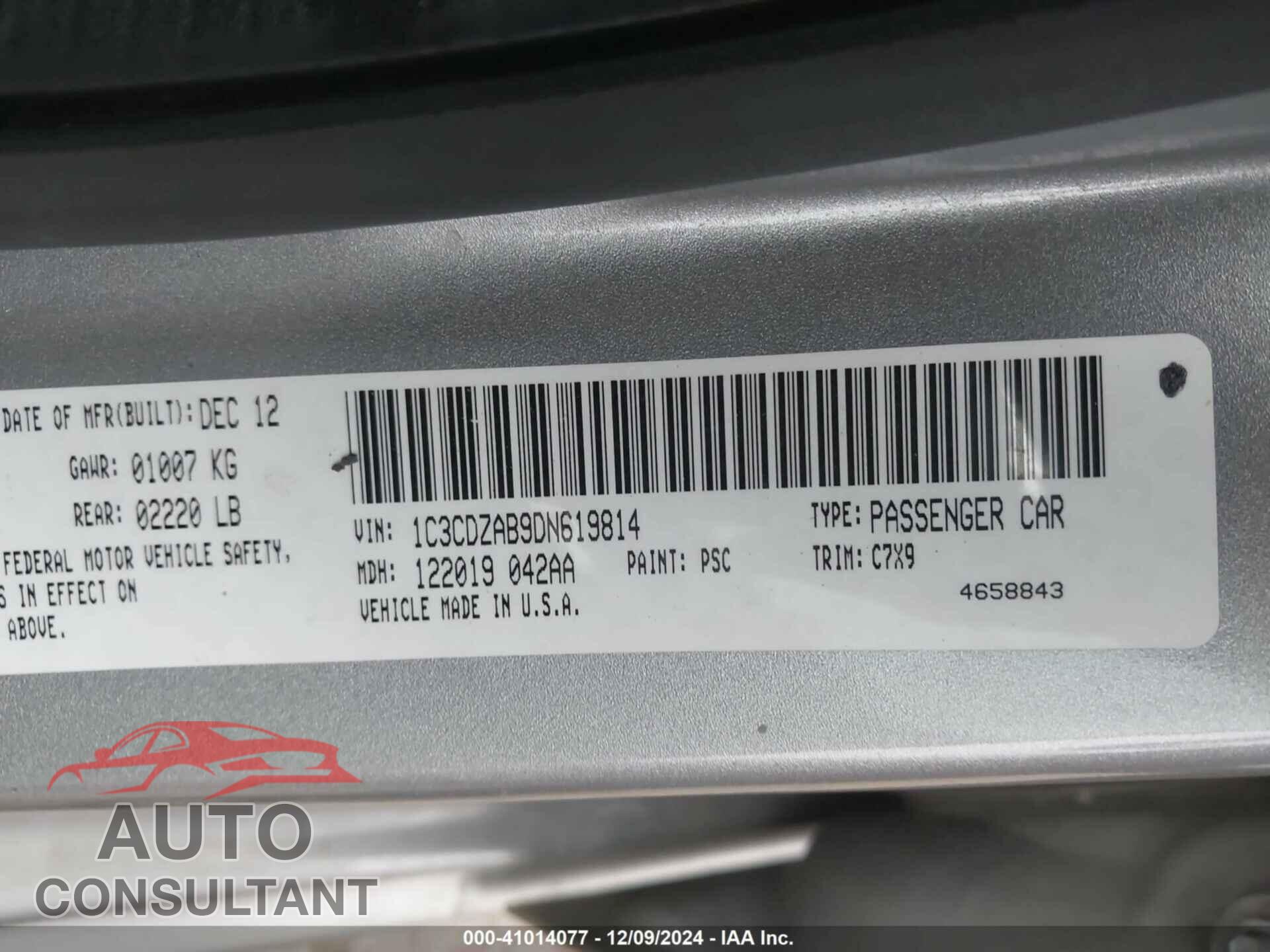 DODGE AVENGER 2013 - 1C3CDZAB9DN619814