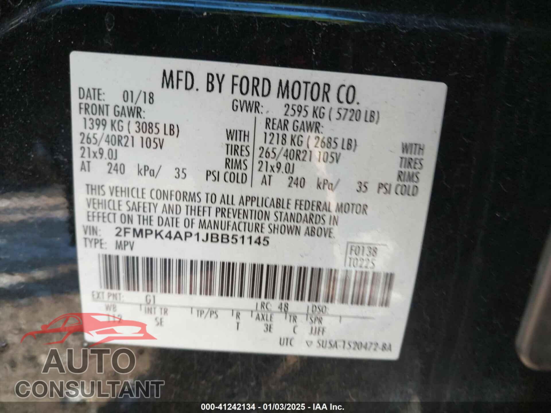 FORD EDGE 2018 - 2FMPK4AP1JBB51145