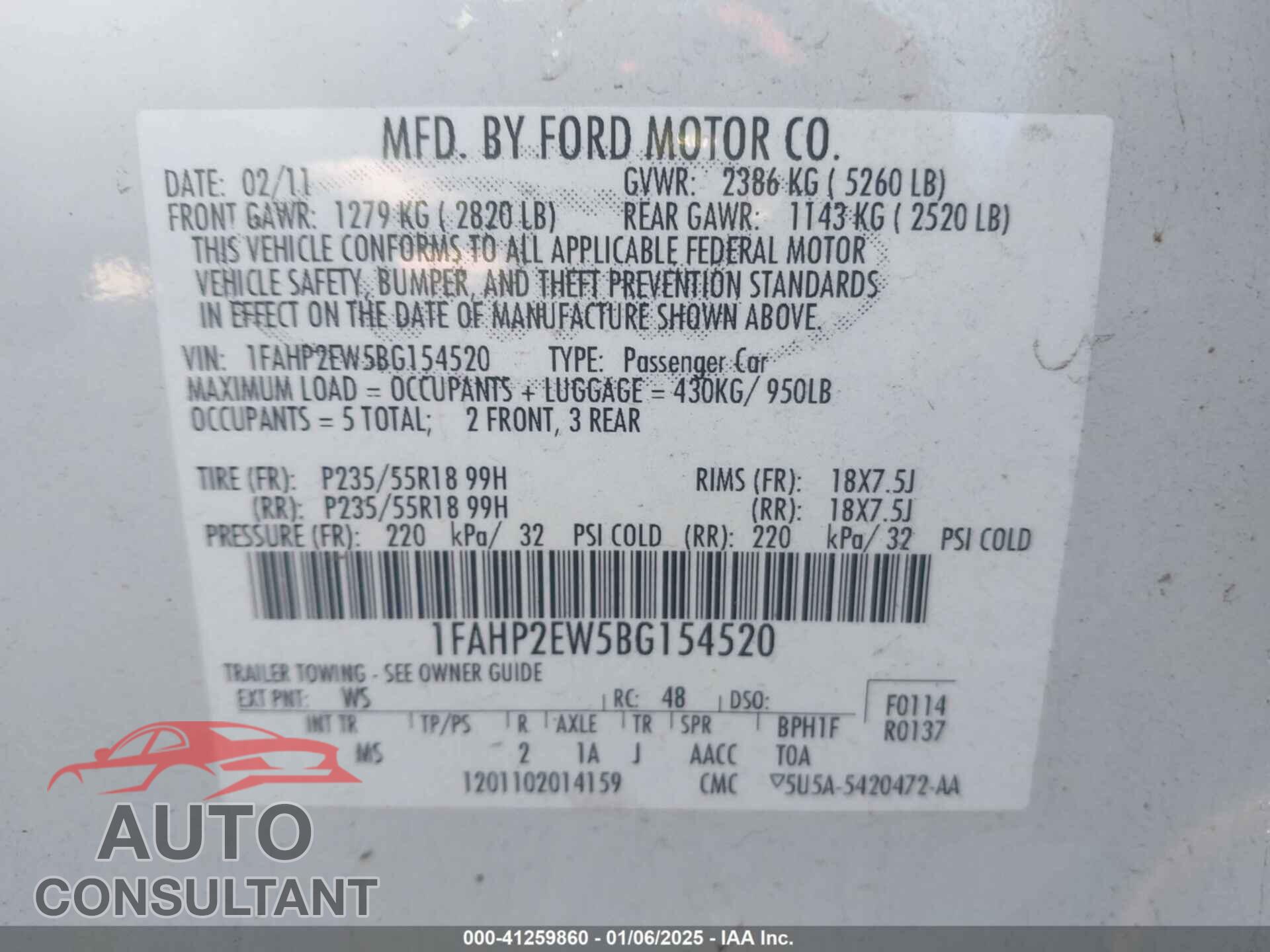 FORD TAURUS 2011 - 1FAHP2EW5BG154520