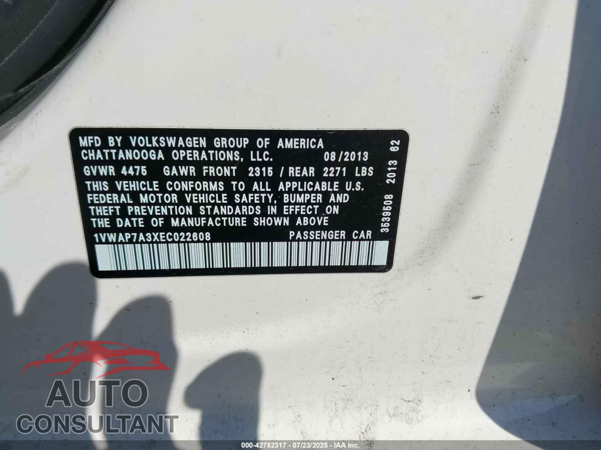 VOLKSWAGEN PASSAT 2014 - 1VWAP7A3XEC022608