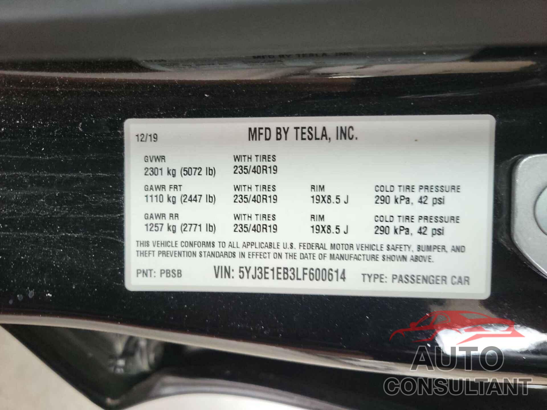 TESLA MODEL 3 2020 - 5YJ3E1EB3LF600614