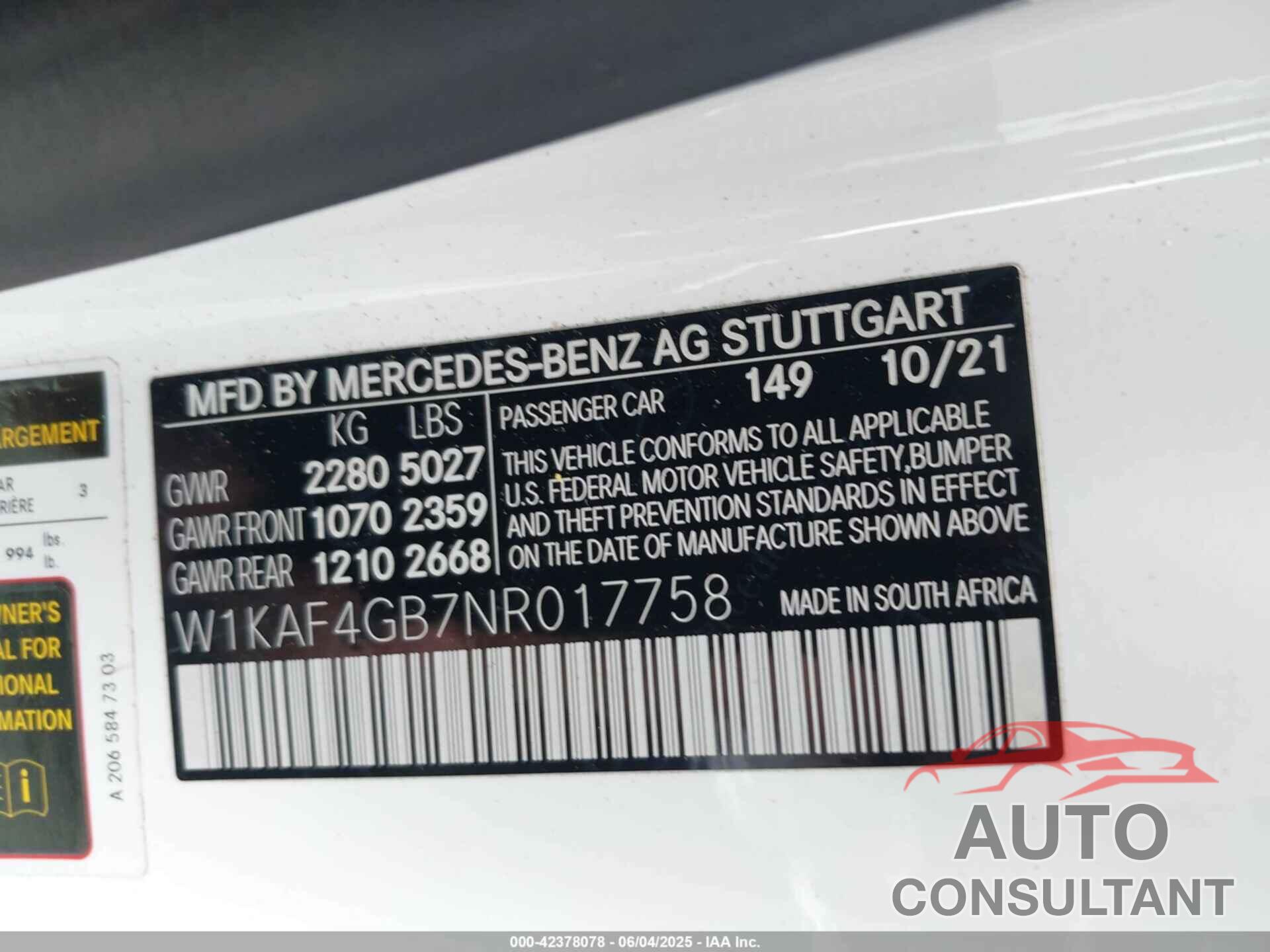 MERCEDES-BENZ C 300 2022 - W1KAF4GB7NR017758