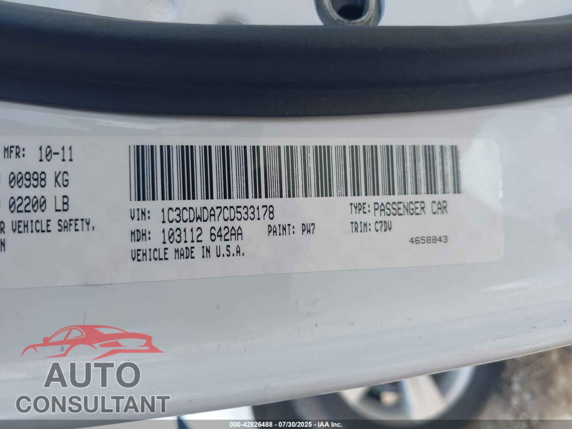 DODGE CALIBER 2012 - 1C3CDWDA7CD533178