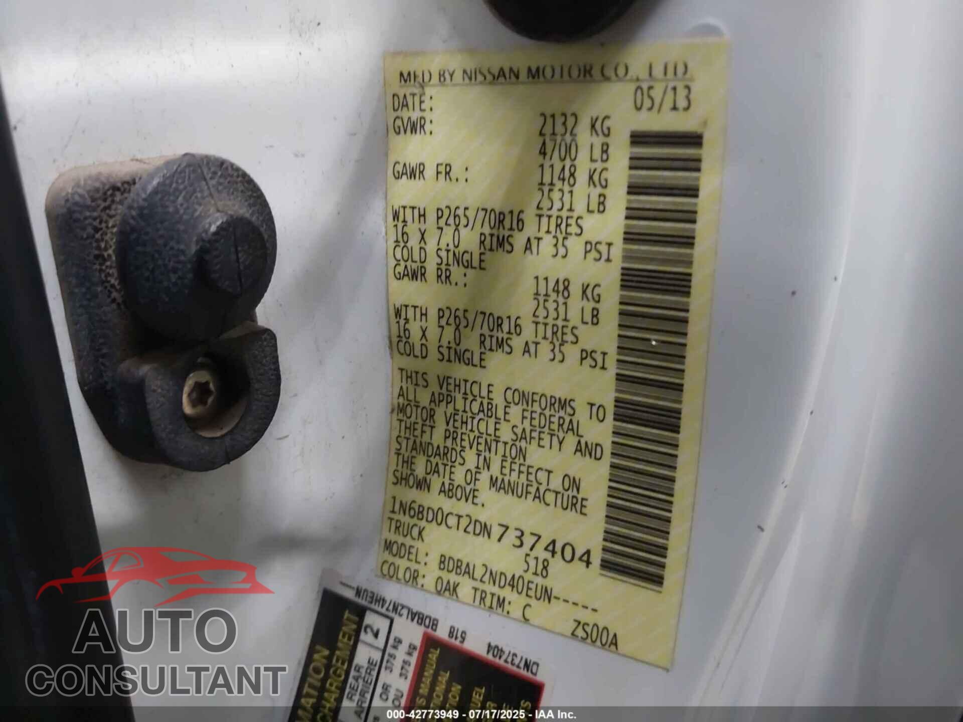 NISSAN FRONTIER 2013 - 1N6BD0CT2DN737404