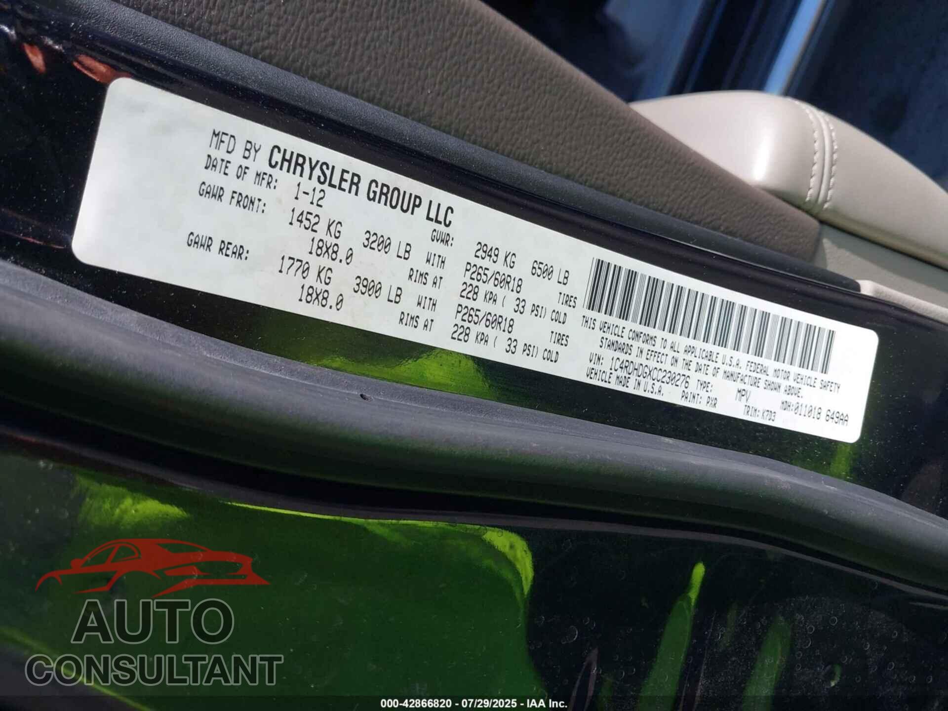 DODGE DURANGO 2012 - 1C4RDHDGXCC230276