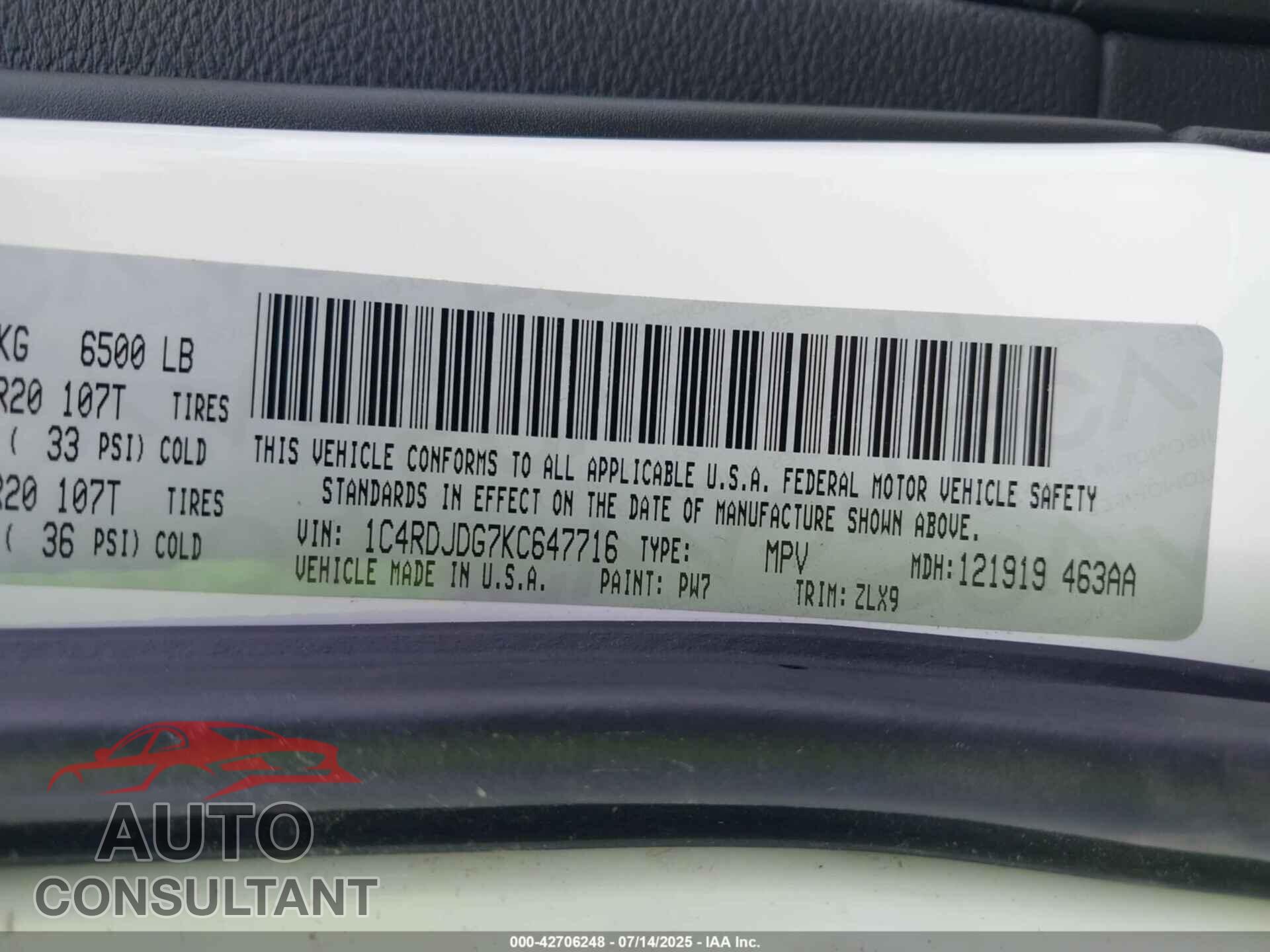 DODGE DURANGO 2019 - 1C4RDJDG7KC647716