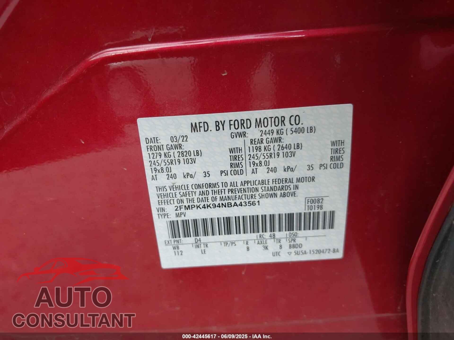 FORD EDGE 2022 - 2FMPK4K94NBA43561