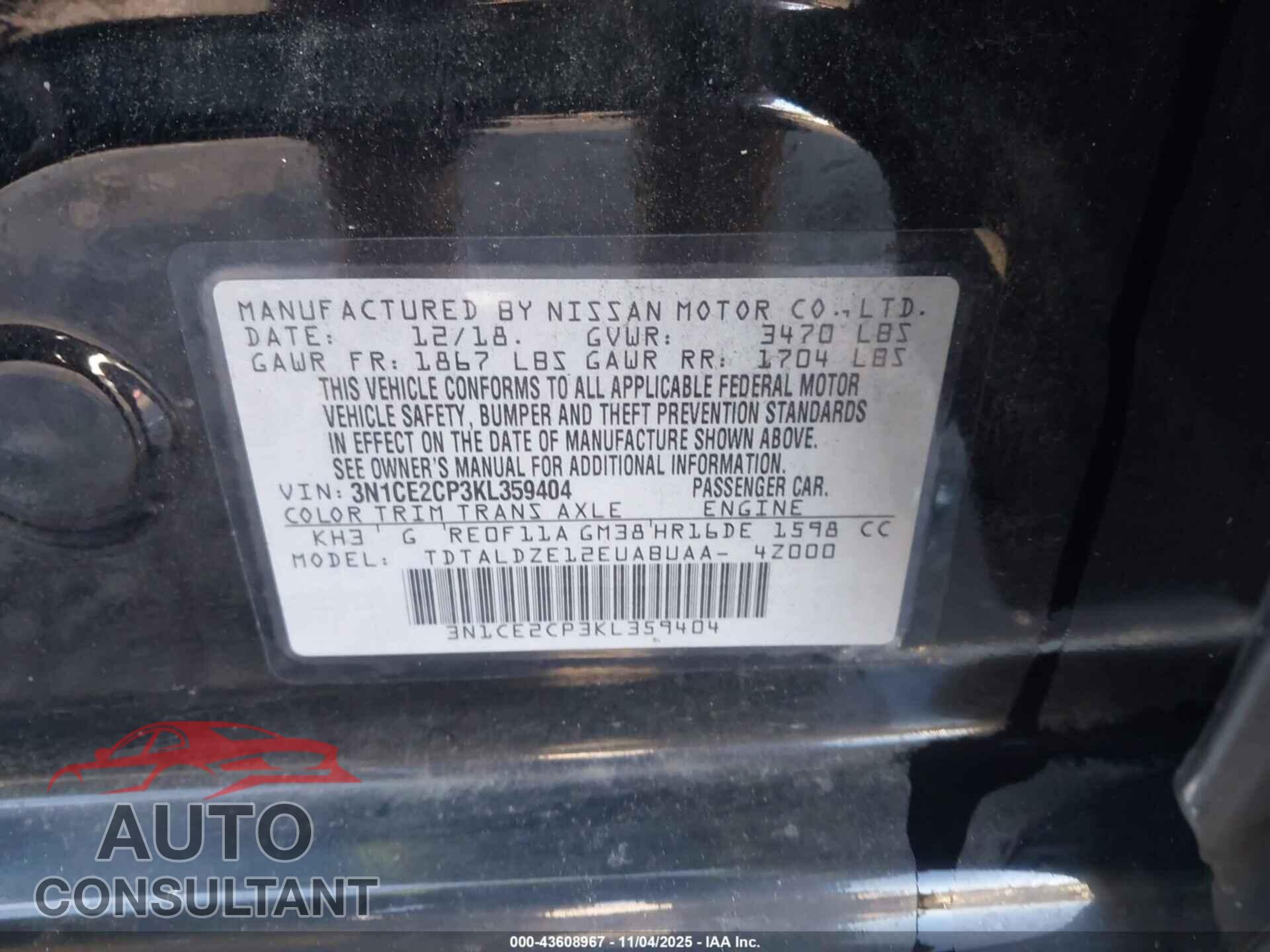 NISSAN VERSA NOTE 2019 - 3N1CE2CP3KL359404