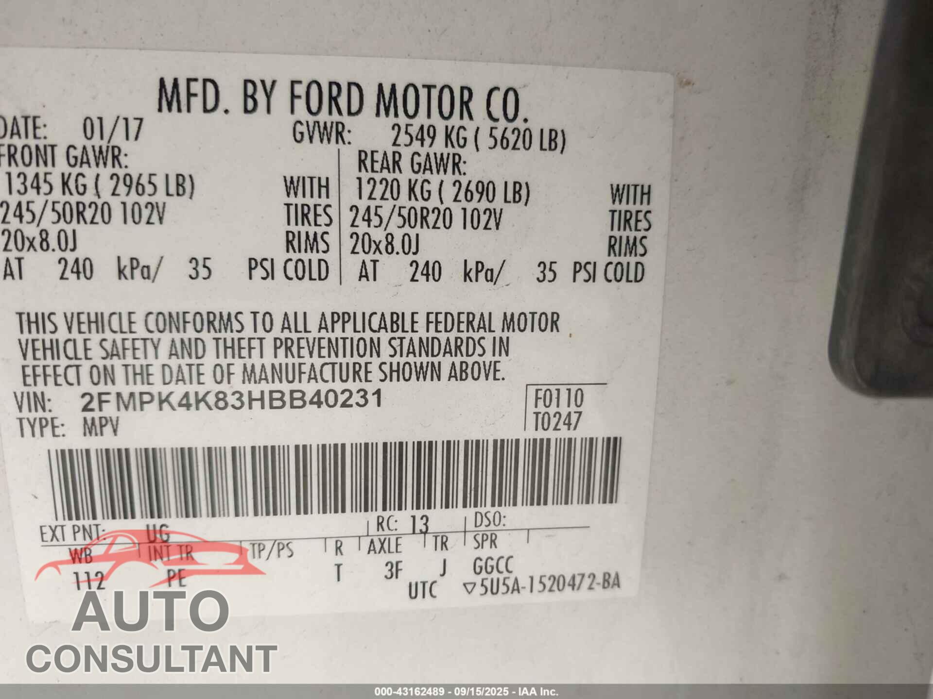 FORD EDGE 2017 - 2FMPK4K83HBB40231