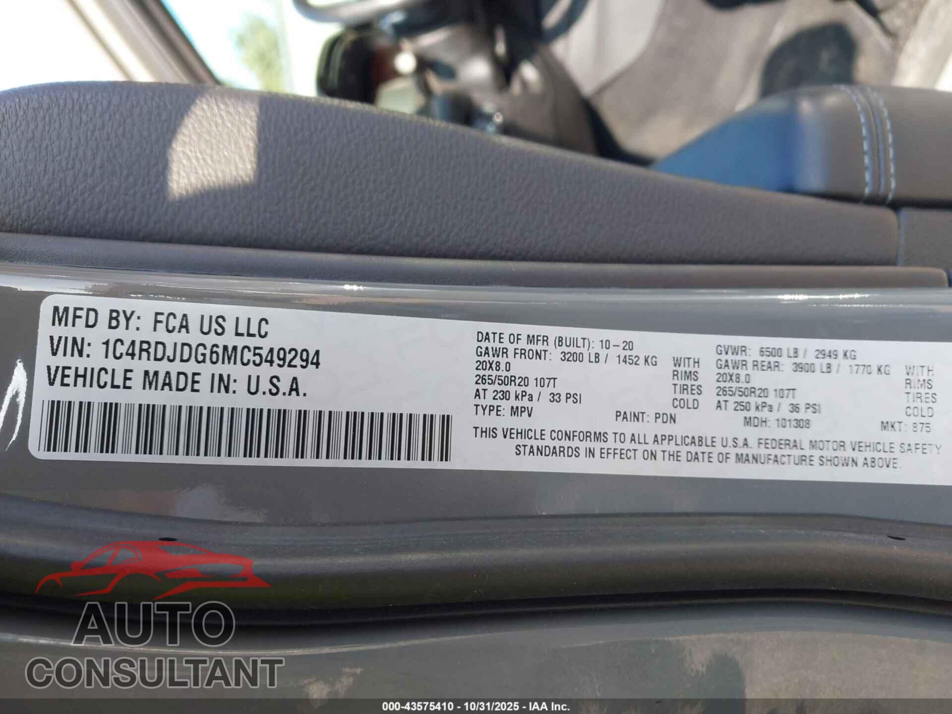 DODGE DURANGO 2021 - 1C4RDJDG6MC549294